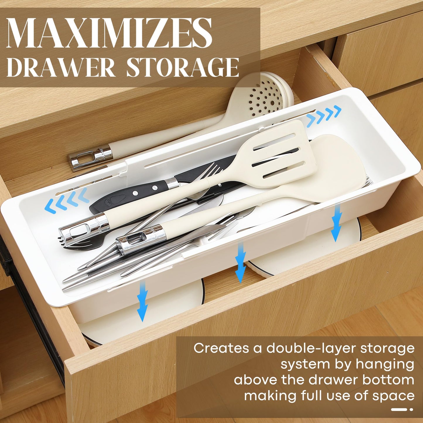 Gulfmew 2 Pack Deep Drawer Organizer Bins, Sliding Drawer Organizer Bin Expandable and Adjustable Tray for Kitchen Utensils, BBQ Tools, Towels, Durable Plastic Sliding for Easy Storage(17.4-27.6")