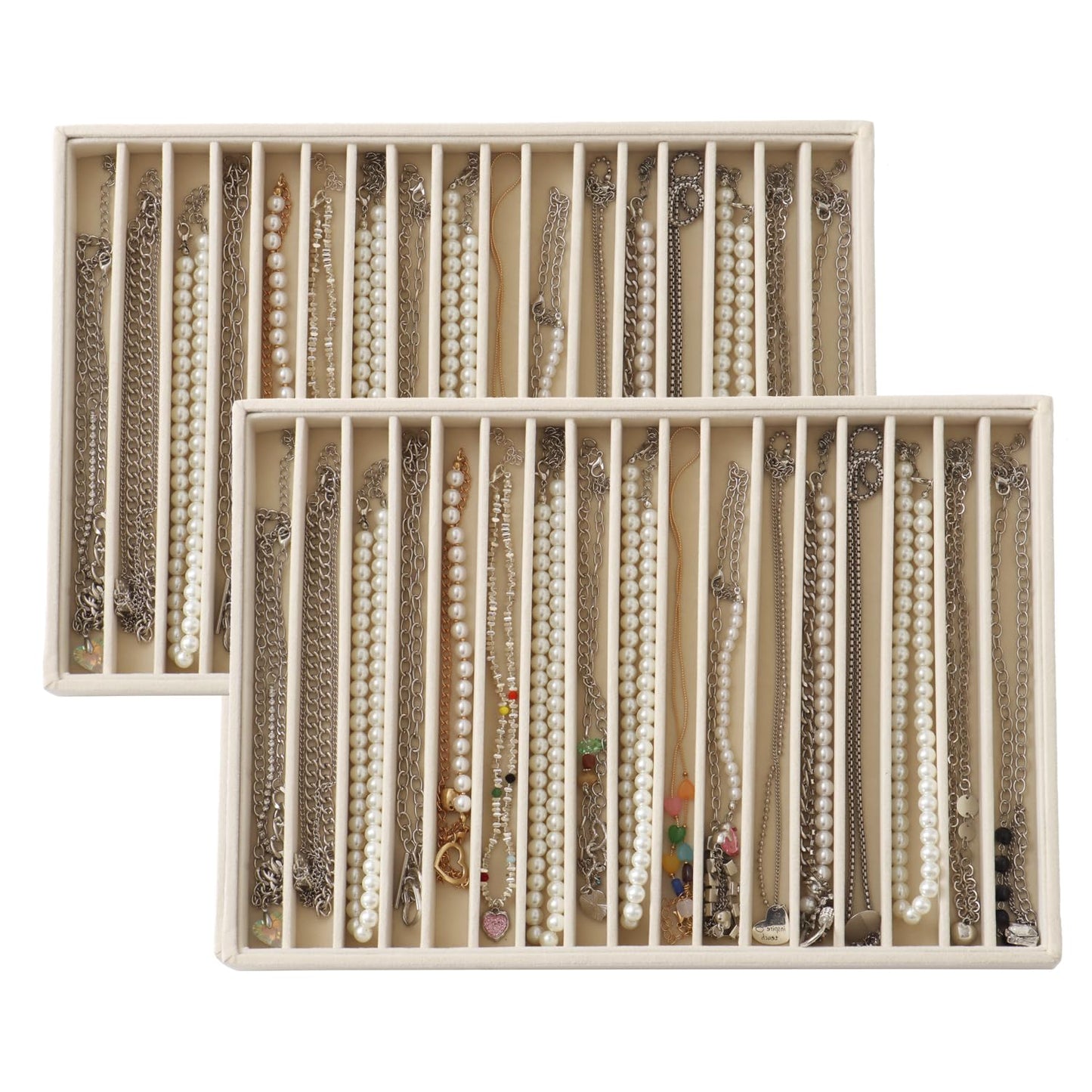 KATISYIO Large Velvet Jewelry Tray 2 Pack Stackable Jewelry Display Drawer Inserts Trays Organizer for Earring Bracelet Necklace Ring (Beige, 16 Grids)