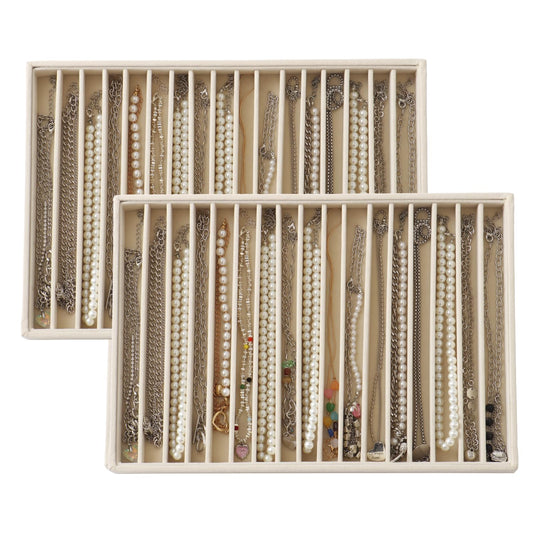 KATISYIO Large Velvet Jewelry Tray 2 Pack Stackable Jewelry Display Drawer Inserts Trays Organizer for Earring Bracelet Necklace Ring (Beige, 16 Grids)