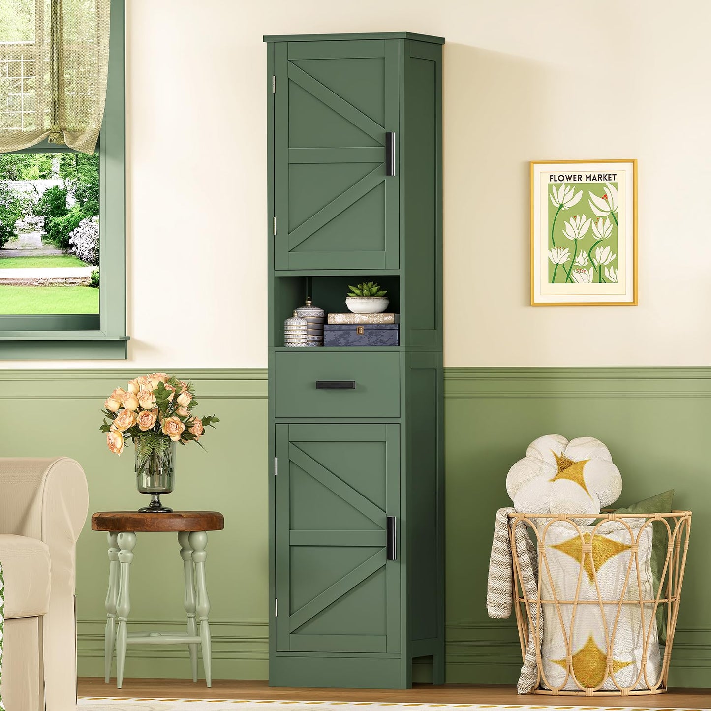 TEENFON 67" H Tall Bathroom Storage Cabinet with Barn Doors and Drawer, Narrow Bathroom Cabinet, Narrow Storage Unit, Adjustable Shelves, Floor Cabinets for Living Room, Forest Green