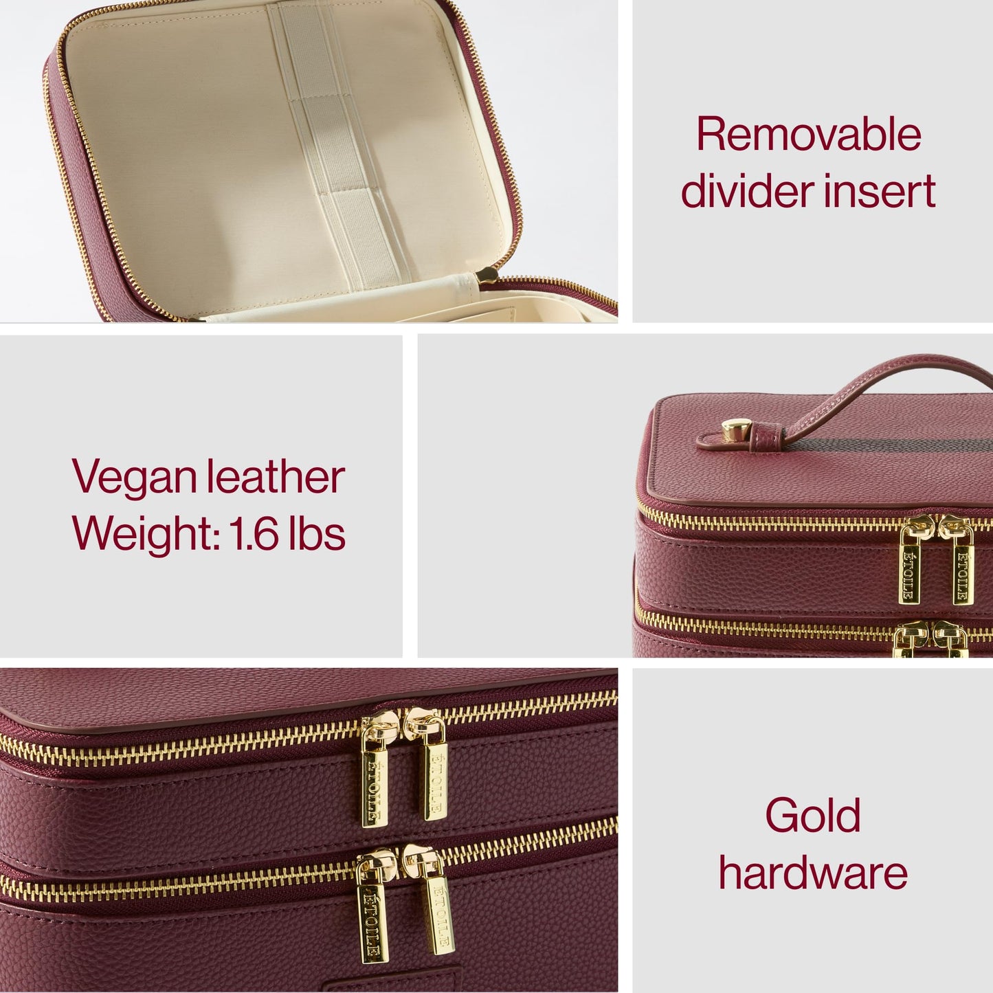 ETOILE - Duo Vanity Case Burgundy - Large Functional Travel Makeup Bag Organizer with Removable Divider & Mirror