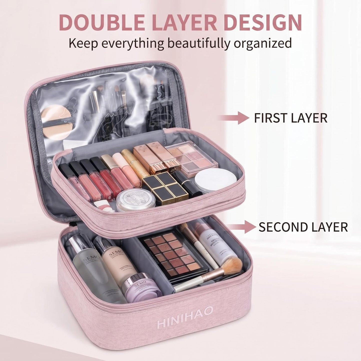 FAYYGYH Makeup Bag, Portable Cosmetic Bag, Travel Makeup Organizer With Handle and Divider, Double Layer Large Organizer Bag, Adjustable Dividers and Brush Organize area- Pink (makeup bag-small)