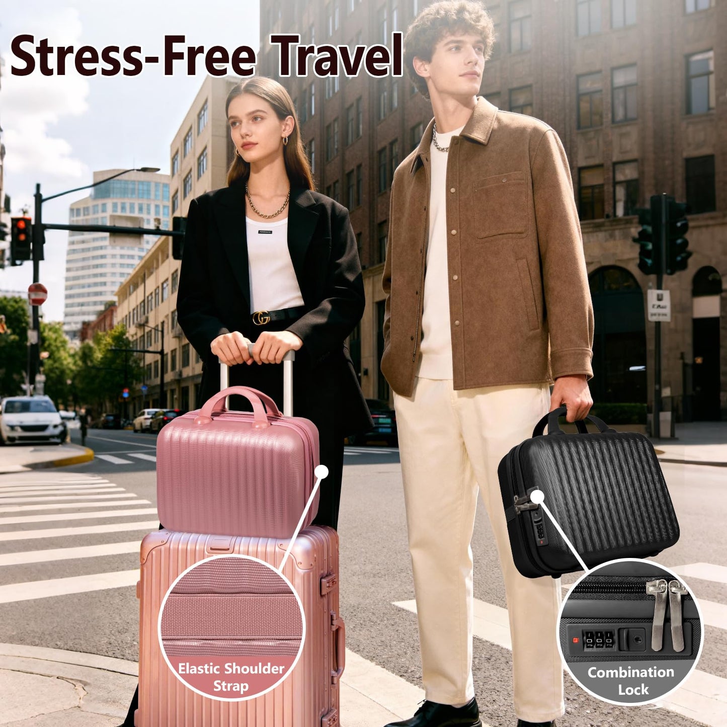 JZRTravel 14 Inch Makeup Train Case with Lock Hard Shell Cosmetic Travel Case w Elastic Strap, ABS Portable Toiletry Bag for Toiletries Make up Storage Case for Women Adult