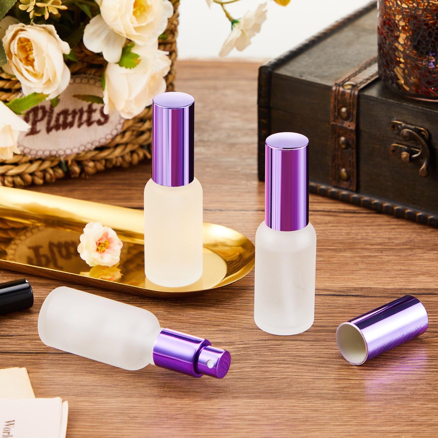 Roshtia 30 Pcs Glass Spray Bottle Clear Empty Bottles Small Refillable Reusable Perfume Bottle with Fine Mist Sprayer Pump for Face Body Travel(1 oz,Purple)