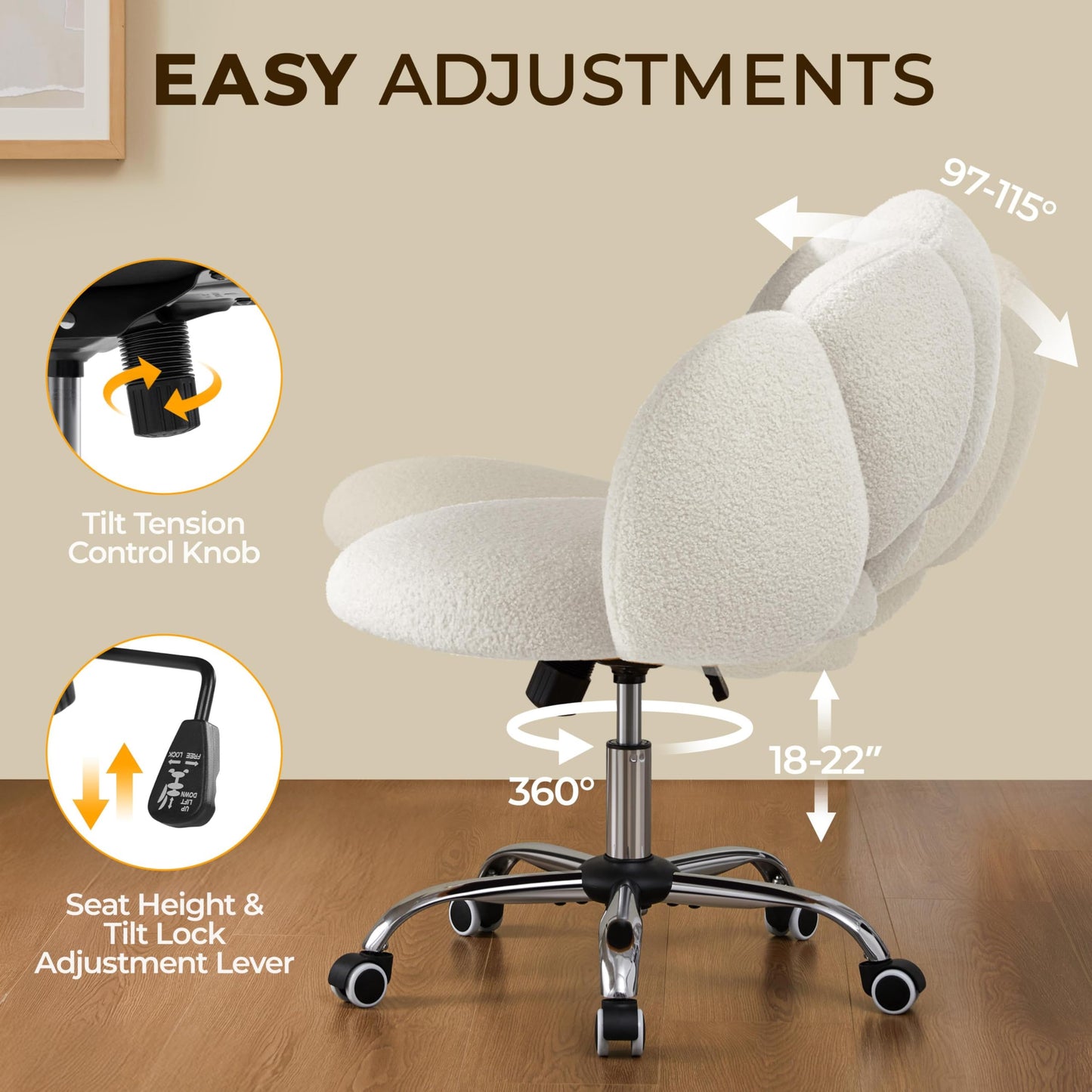 Yaheetech Boucle Upholstered Desk Chair Cloud-Shaped Vanity Chair Adjustable Home Office Computer with Rolling Wheels for Living Room, Bedroom White