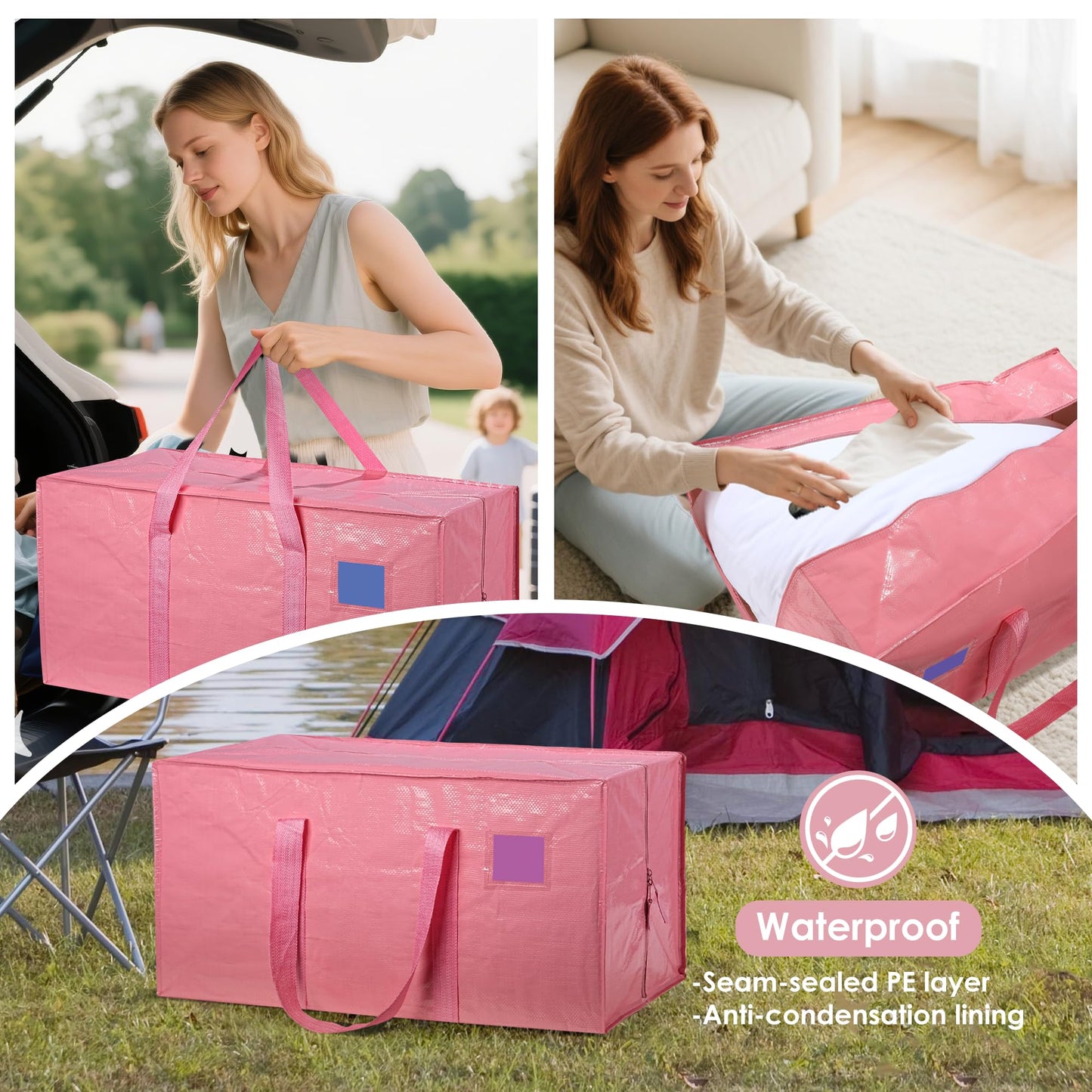 RMOHRO 6 Pack Moving Bags with Full-Open Side Zipper, Extra Large 93L Heavy Duty Waterproof Foldable Storage Totes for College Dorm, Moving & Home Organization Pink