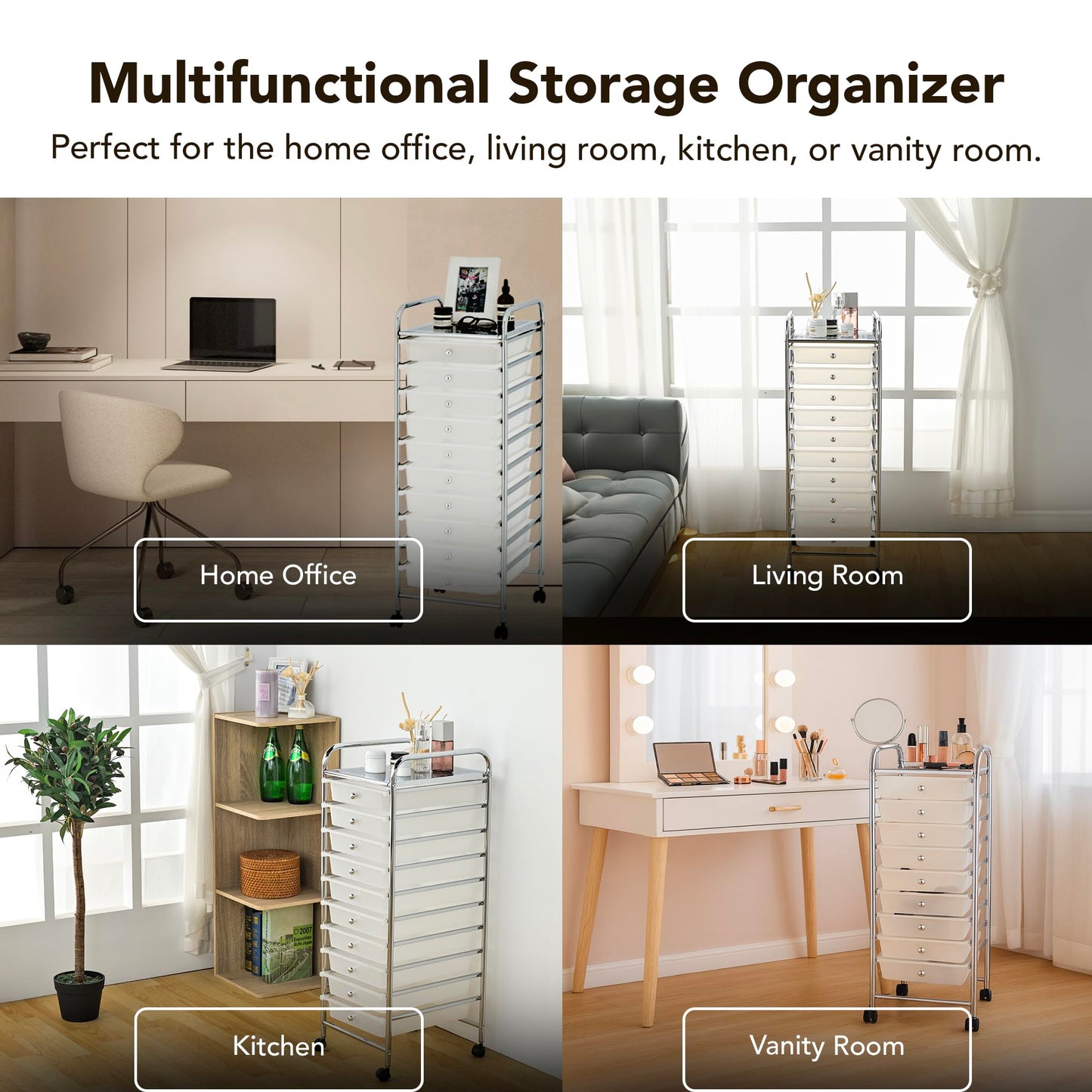 Display By Jack Rolling Storage Cart 10 Drawer Organizer with White Drawers, Slim 36" Chrome Frame, Locking Wheels, and Top Shelf for Office, Classroom, Bathroom, or Craft Storage