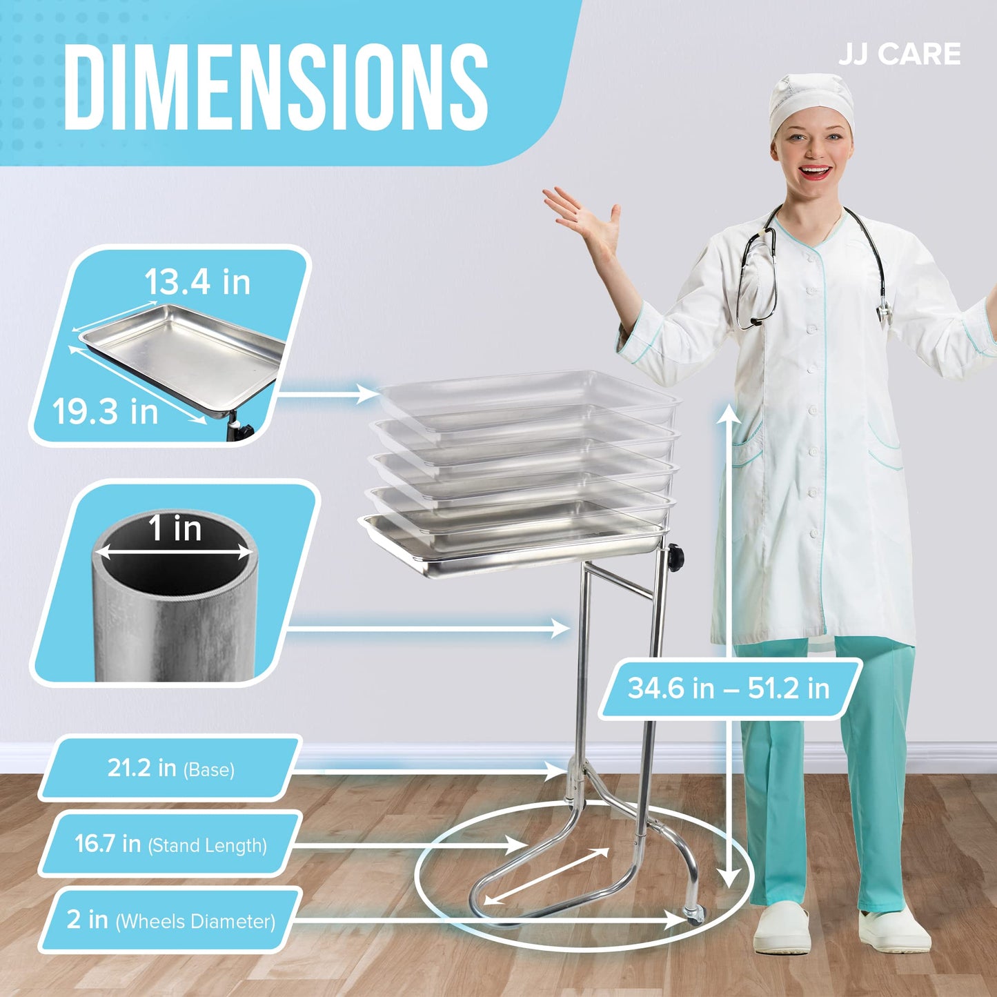 Mayo Stand [17Lbs Weight Capacity] - Stainless Steel Tray, Adjustable Height Medical Mayo Stand with 2 Nylon Caster Wheels, Surgical Equipment and Tattoo Cart