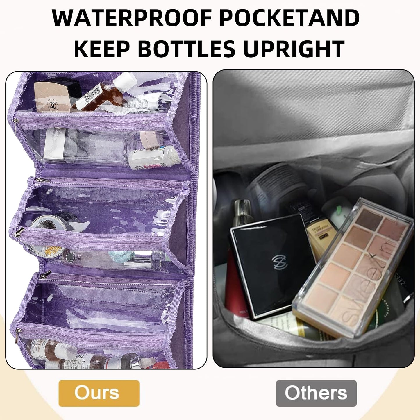 ROYALFAIR Roll Up Makeup Bag, Waterproof Toiletry Bag for Women, Hanging Travel Organizer bags with Jewelry Organizer Compartment, Extra Large 4 Clear TSA Approved Pouches Cosmetic Makeup (violet)