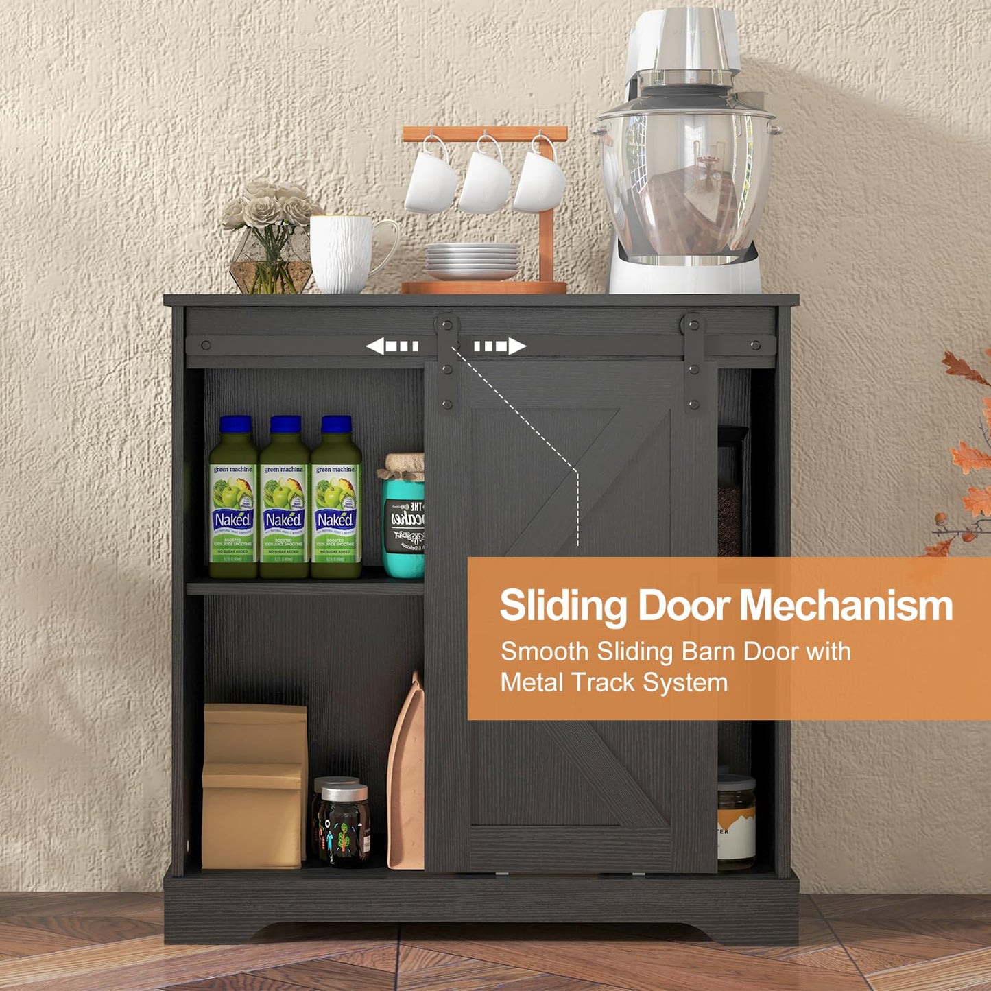 Panana Sliding Barn Door Buffet Sideboard Storage Cabinet Coffee Bar Kitchen Farmhouse Style (Black)