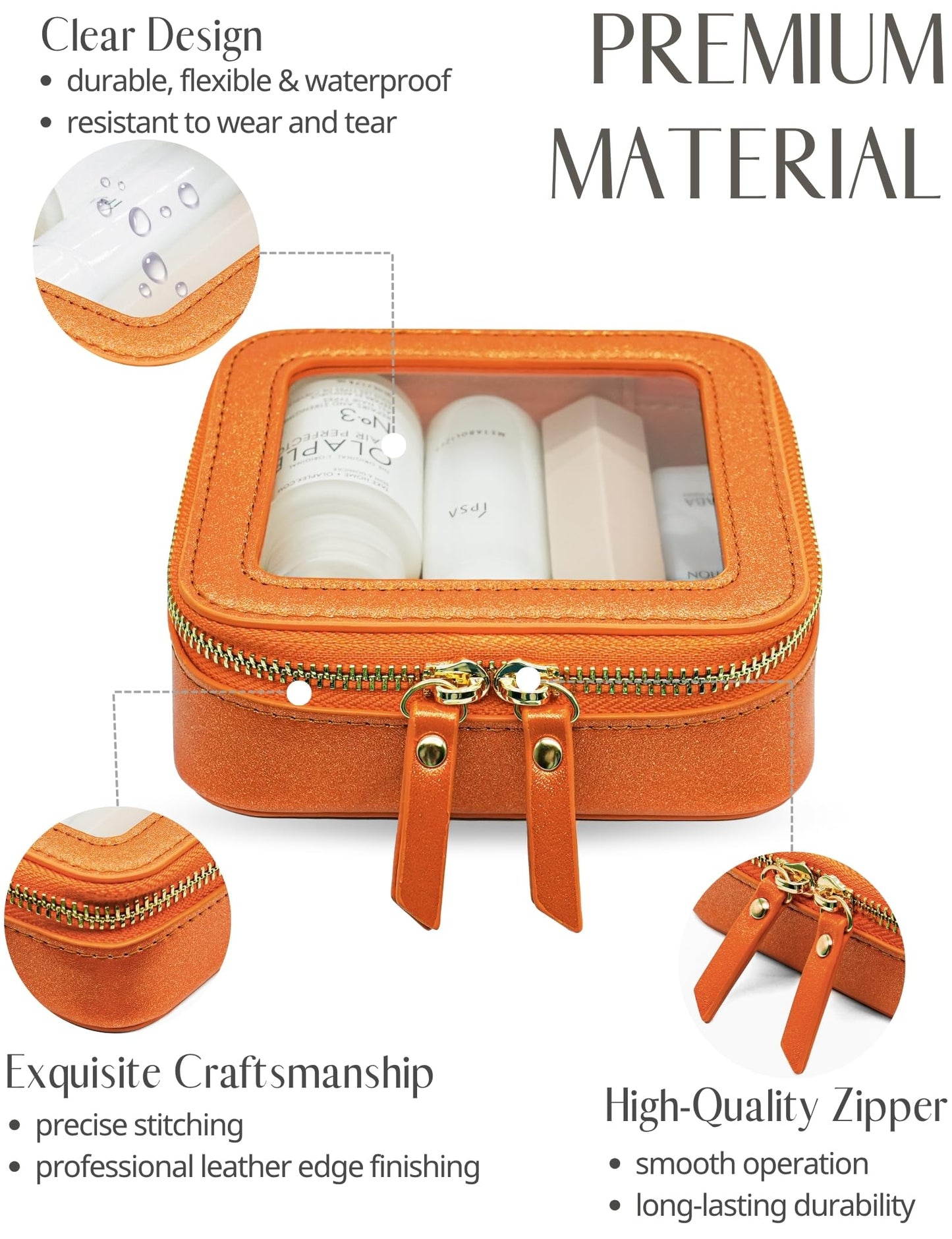 Popvibe Clear Makeup Bag with Zipper Small Travel Cosmetic Case Orange Mini Pouch for Purse Accessories Car Storgae Essentials Bag Purse Pouch Organizer Compact Small Clear Toiletry Bag for Traveling