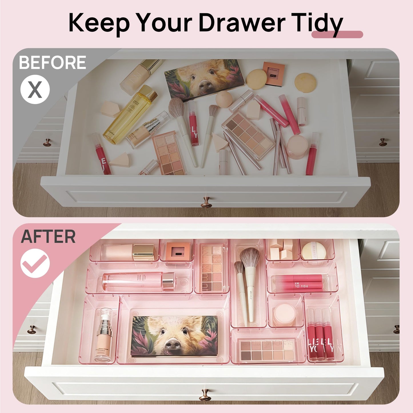 Vtopmart 25 PCS Plastic Drawer Organizers Set, 4-Size Versatile Bathroom and Vanity Drawer Organizer Trays, Storage Bins for Makeup, Bedroom, Kitchen Gadgets Utensils and Office
