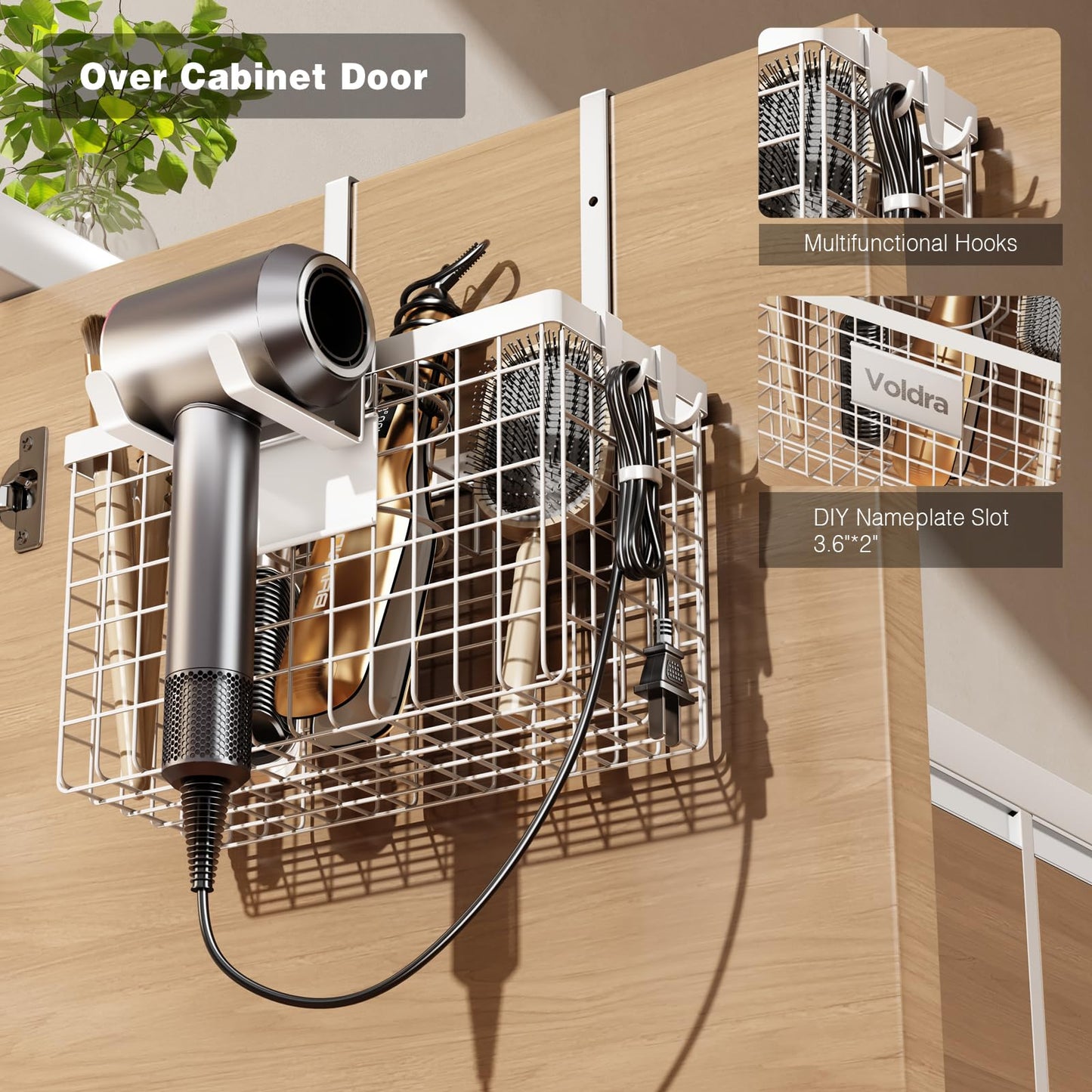 Voldra Hair Dryer Holder Cabinet Door, Adhesive Hair Tool Organizer Wall Mount Adjustable Height Blow Dryer Holder Under Sink/Countertop for Flat Curling Iron, Hair Brush and Straightener (1, White)