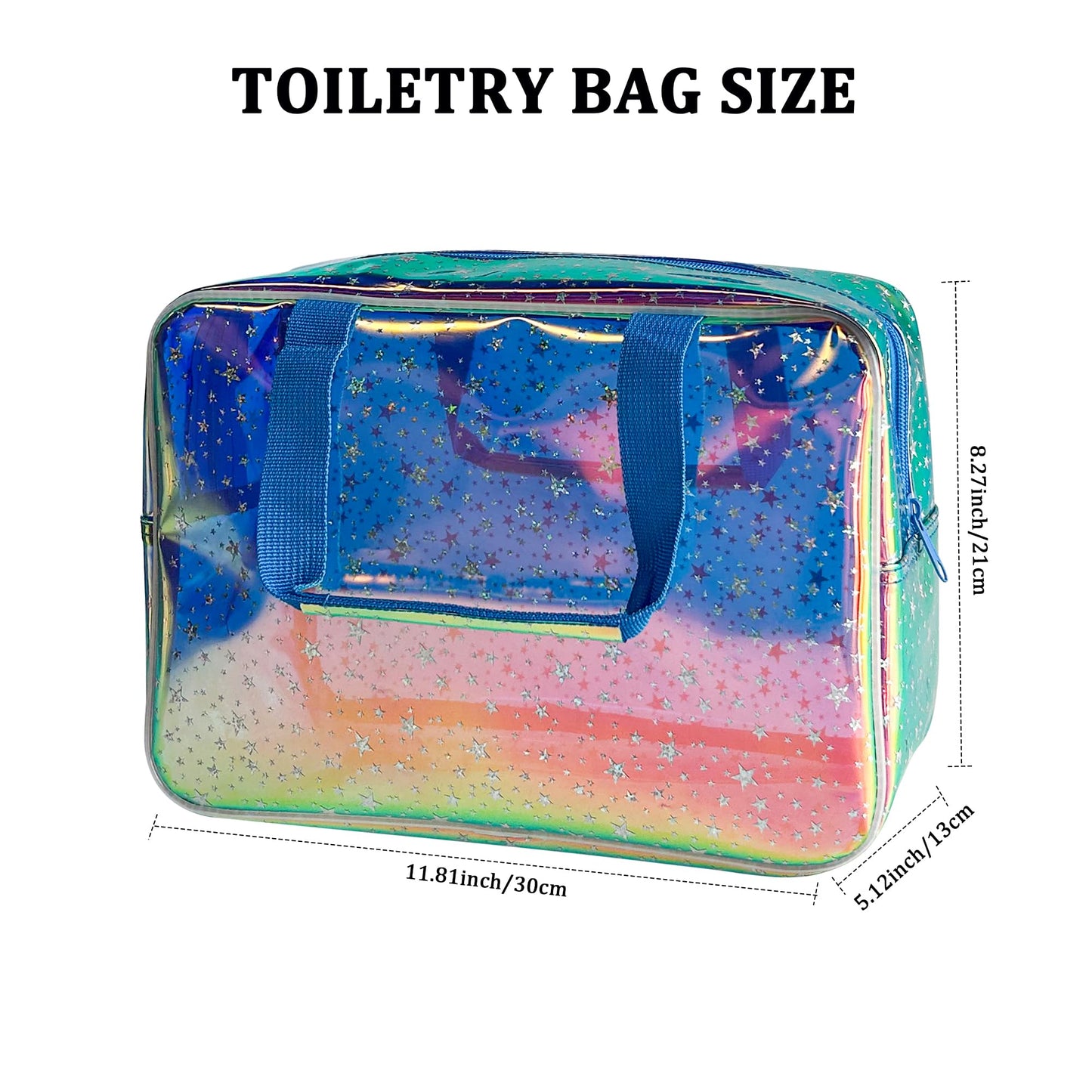 TotePrint Holographic Blue Clear Star Large Cosmetic Bag and TPU Travel Pouch with Handle,Durable Material,Zipper Design-Ideal for Makeup,Travel Essentials (Holographic Blue+Star)