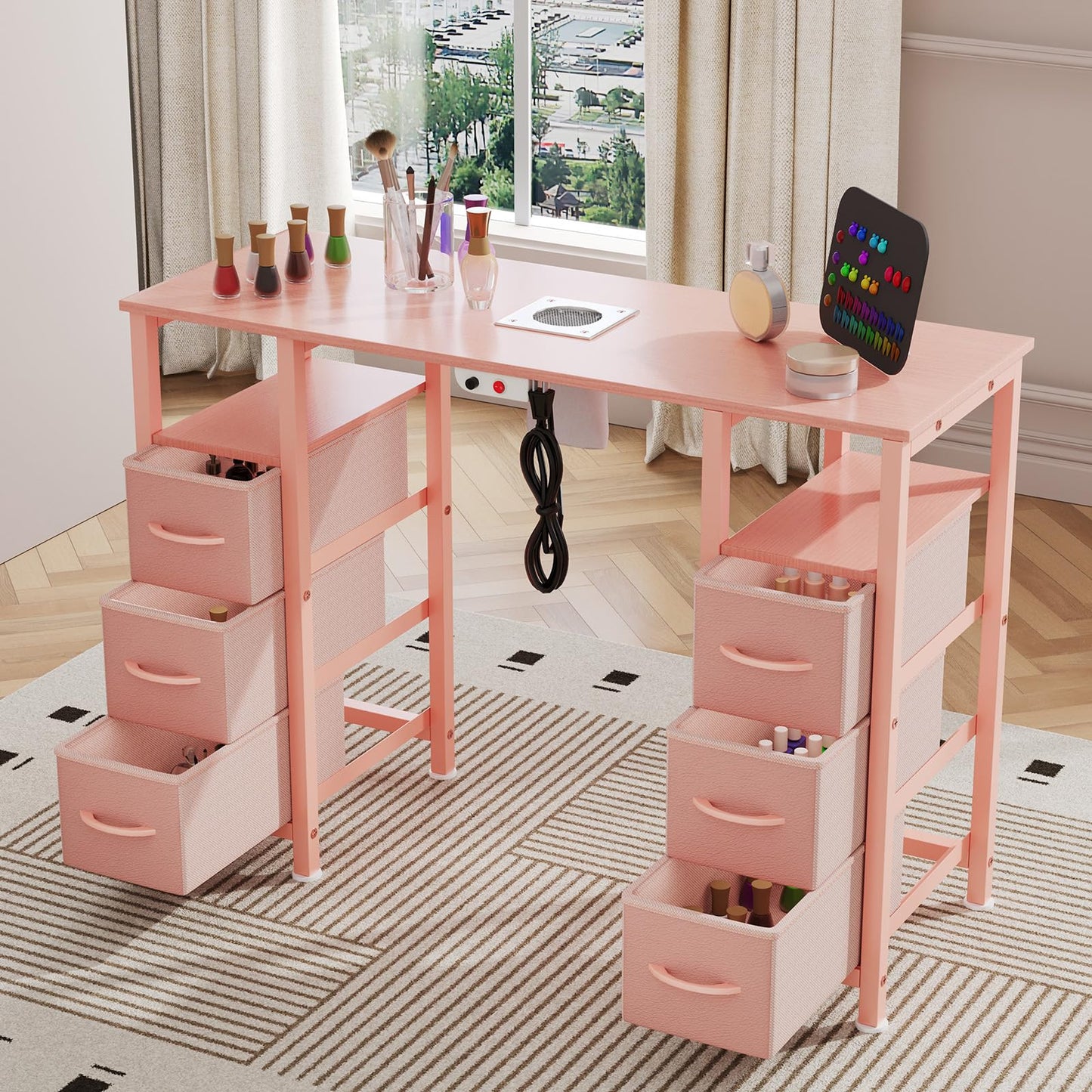 WODRAWER Manicure Table Nail Desk for Nail Tech, Nail Beauty Table w/Electric Dust Collector & 6 Storage Drawers & Open Shelves for Home, Workshop, Makeup Beauty Salon Workstation (Pink)