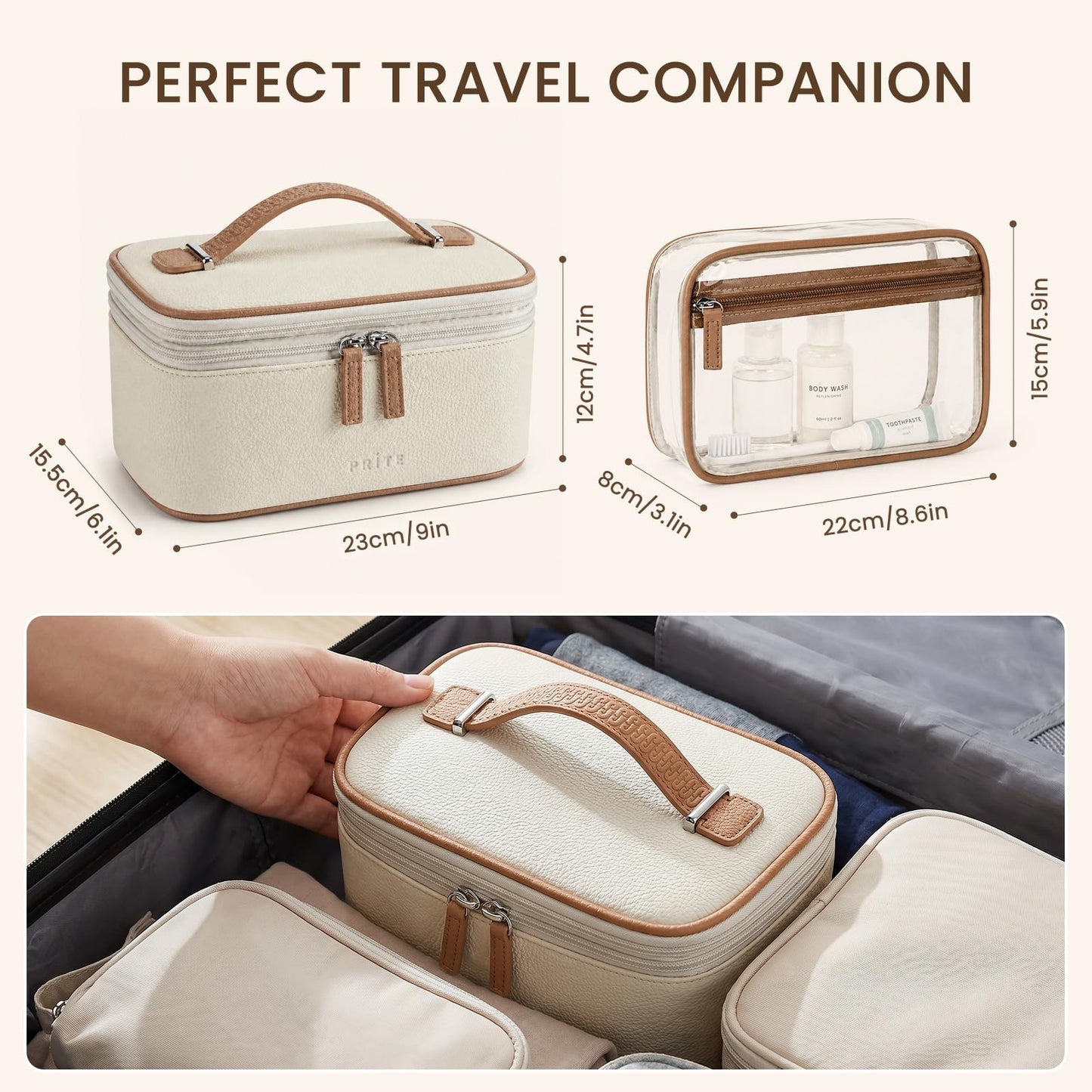 Prite 2 Pcs Makeup Bag Set Travel Cosmetic Case 2-Layer Vegan Leather Jewelry Organizer with Waterproof Clear Toiletry Bag for Women