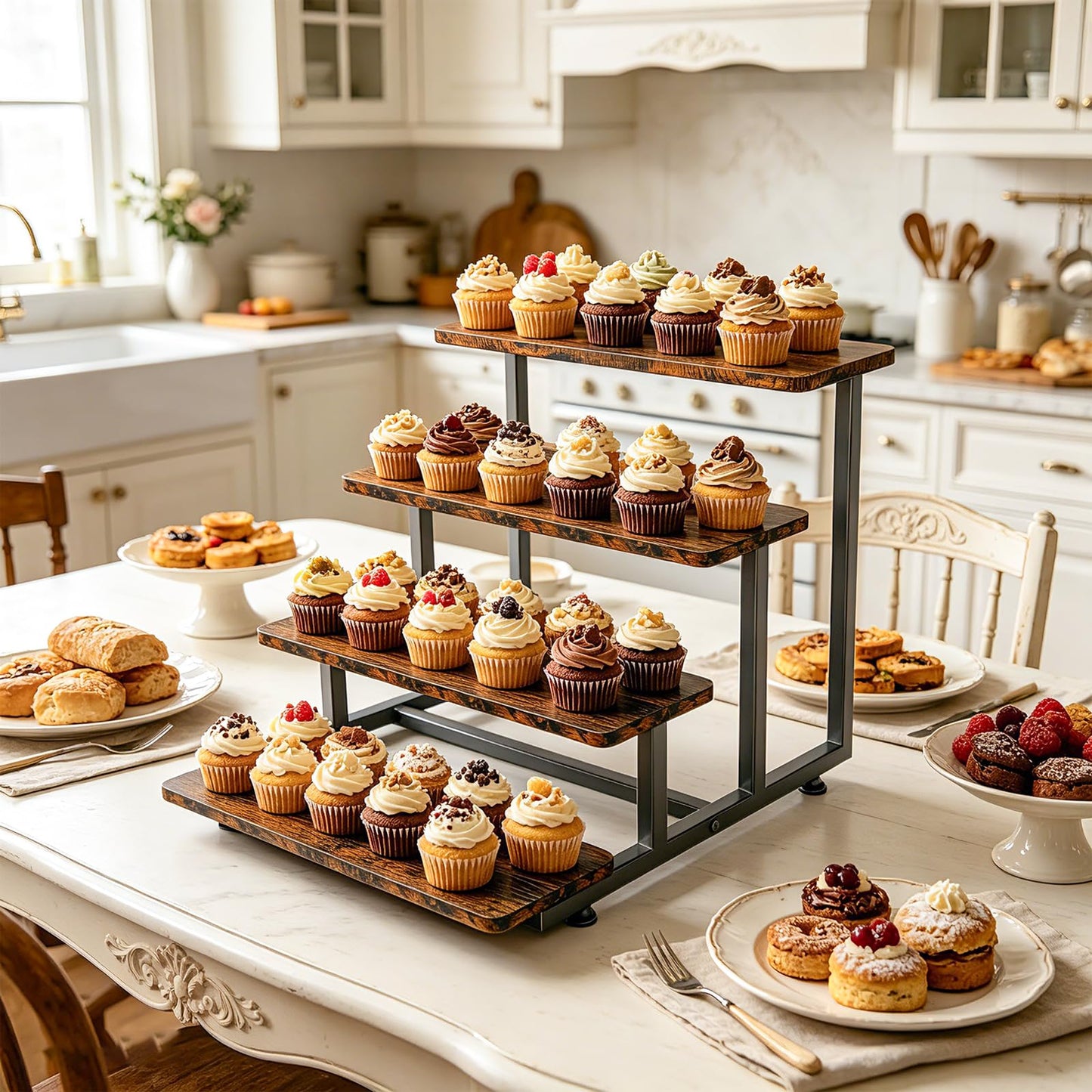 Cupcake Stand for 50 Cupcakes, 4 Tier Wooden Risers Display Stands Stepped Dessert Table Display Set with Metal Frame Tiered Tray Stand Serving Trays for Party Farmers Market Display