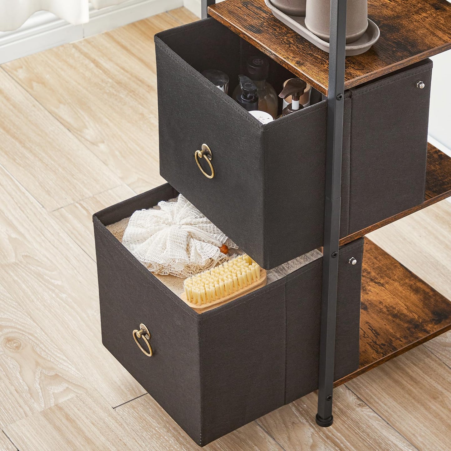 HOOBRO Corner Cabinet, 4-Tier Corner Shelf Stand with 2 Drawers,Bathroom Floor Cabinet, Narrow Storage Cabinet, for Bathroom, Living Room, Rustic Brown and Black BF87CW01