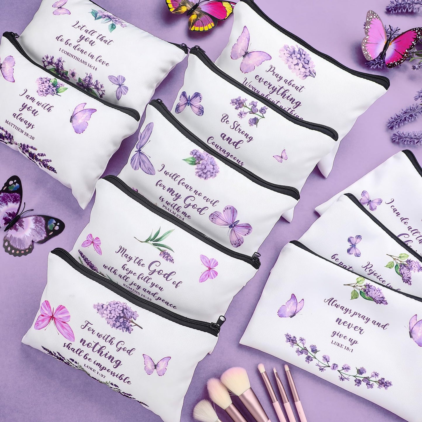 Shinylin 10 Pcs Christian Bible Verse Canvas Makeup Bags Bulk Gifts for Church Woman Christian Cosmetic Pouches with Zipper Religious Faith Gifts Bags Bulk for Women Mom Group