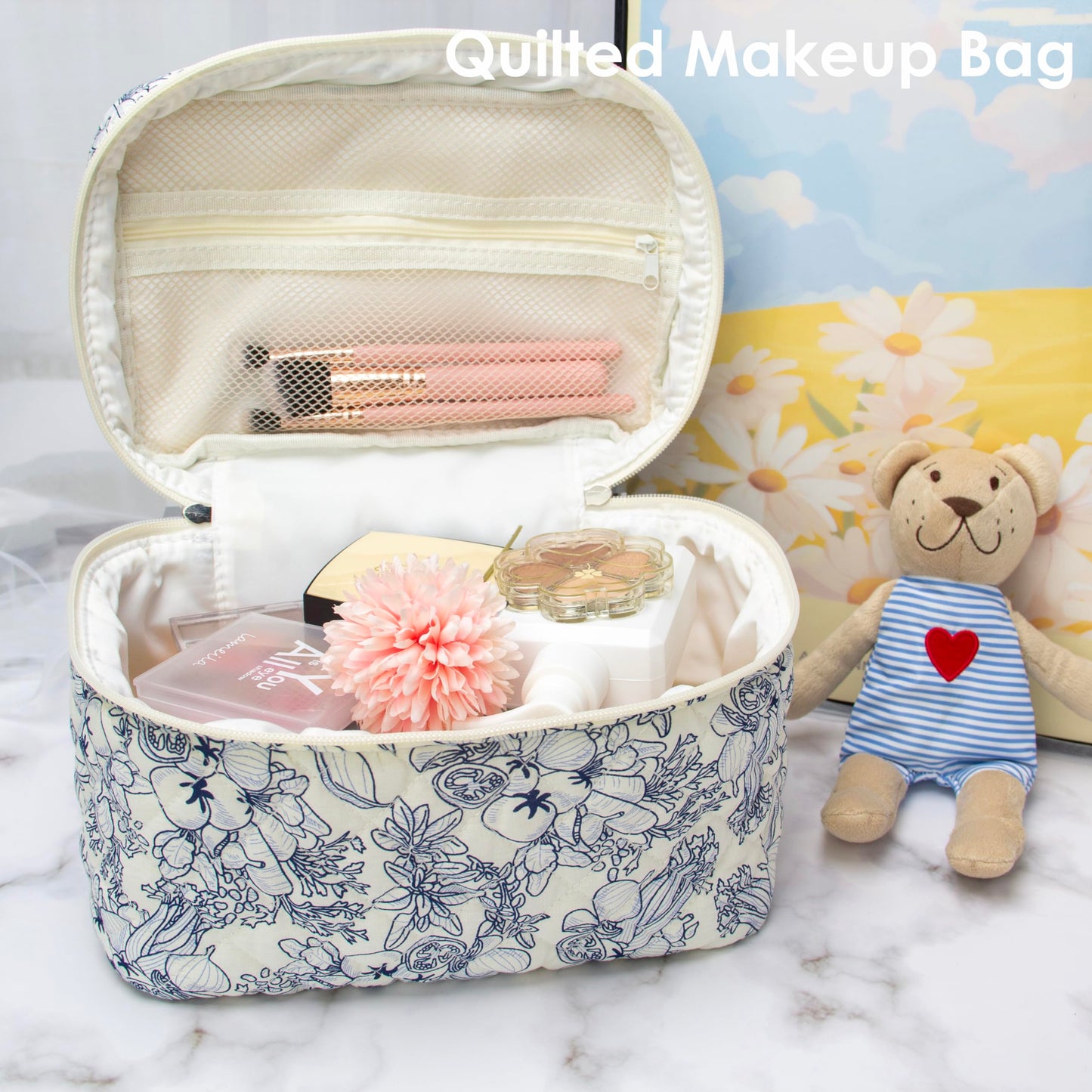 PAZIMIIK 3PCS Makeup Bag SET Large Travel Quilted Zipper Soft Cosmetic Case Pouch for Women Girls Make Up,Flower White