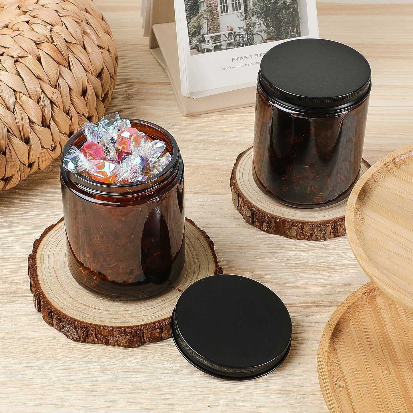 Lallisa 72 Pcs 8 oz Cobalt Glass Jars with Black Metal Lids Round Small Cosmetic Jars Round Glass Containers for Apothecary Body Butter Herbs Spice and Food Storage (Amber)