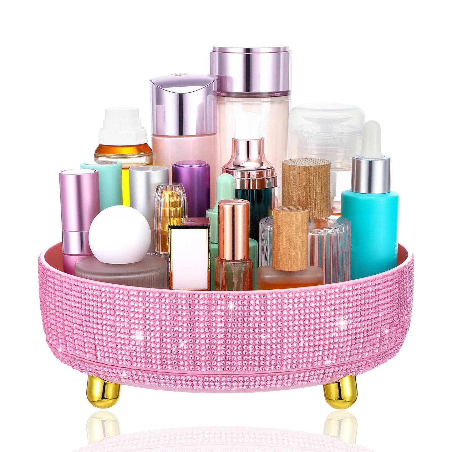 MAQUITA Pink Makeup Brush Holder Bling 360° Rotating Organizer, Perfume Storage for Vanity Countertop with Rhinestone, Gift for Women