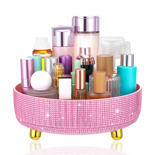 MAQUITA Pink Makeup Brush Holder Bling 360° Rotating Organizer, Perfume Storage for Vanity Countertop with Rhinestone, Gift for Women
