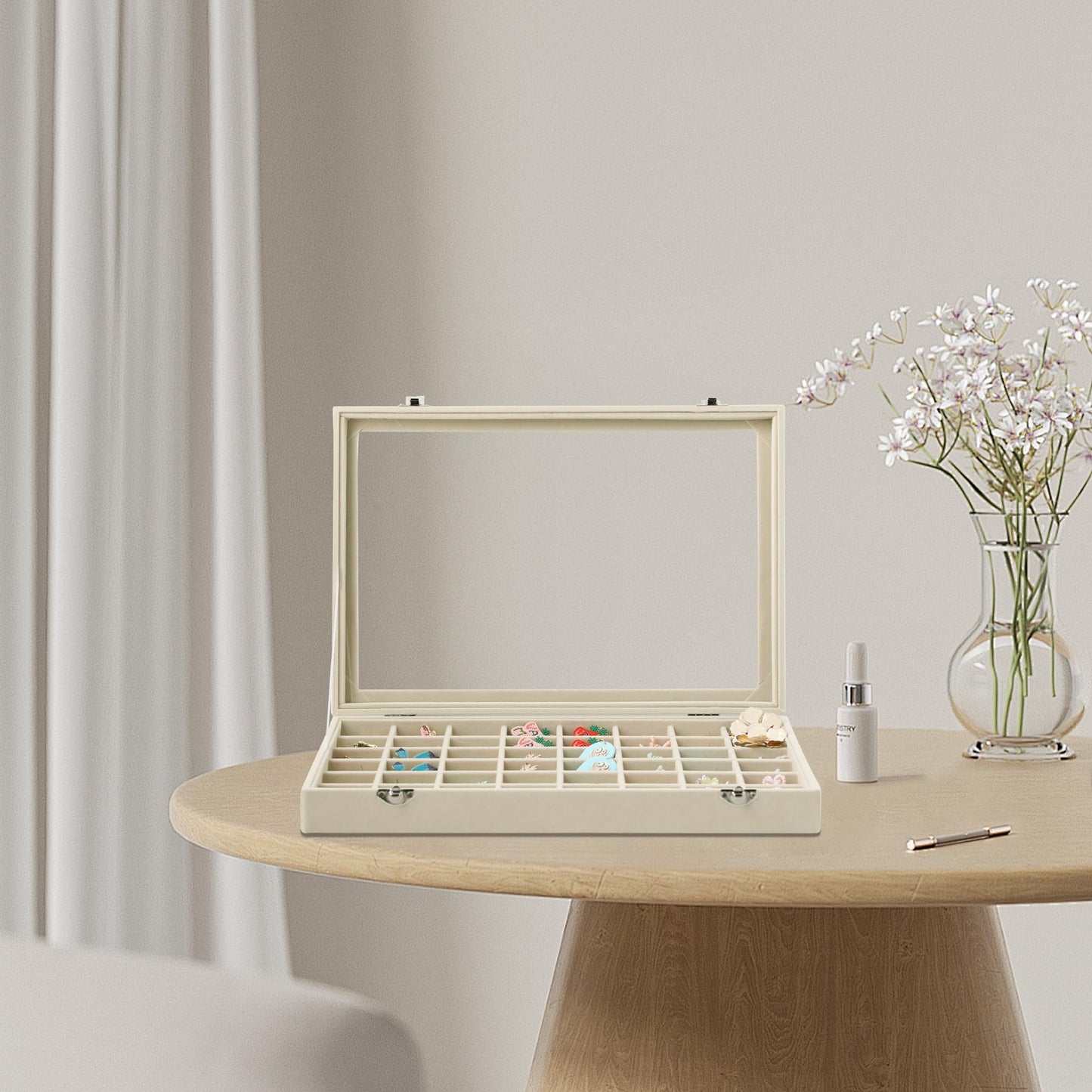 Frebeauty 40 Grid Jewelry Tray,Adjustable Earring Holder Organizer with Glass Lid,Velvet Drawer Jewelry Organizer for Rings,Studs,13.8 x 9.5 x 2 Inches Jewelry Display Box,Gift for Women(Beige)