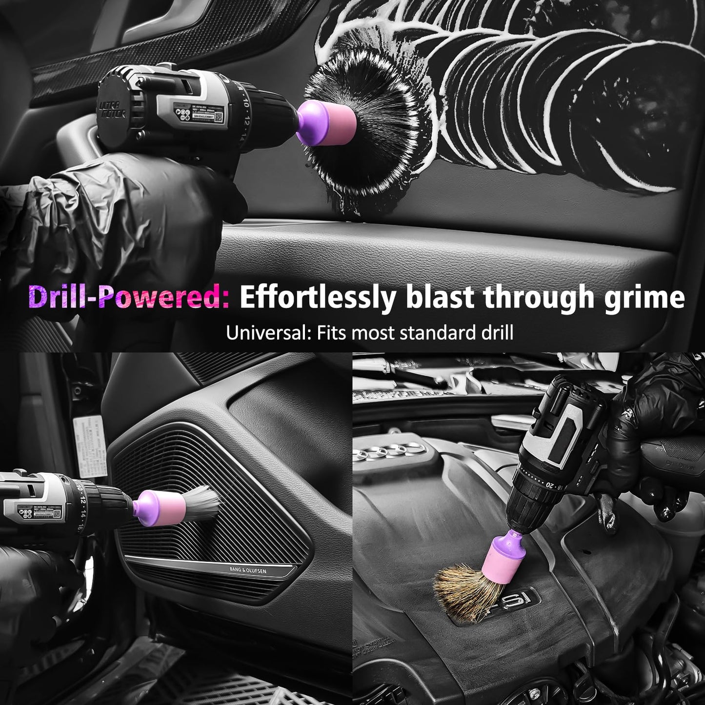 3Pcs Car Detailing Drill Brush Set with Drill Brush Attachment Head, 1P Ultra Soft No Scratch Car Drill Brush for Air Vent Leather Seat, 1P Boars Hair & 1P Detailing Brushes for Interior Exterior,Pink