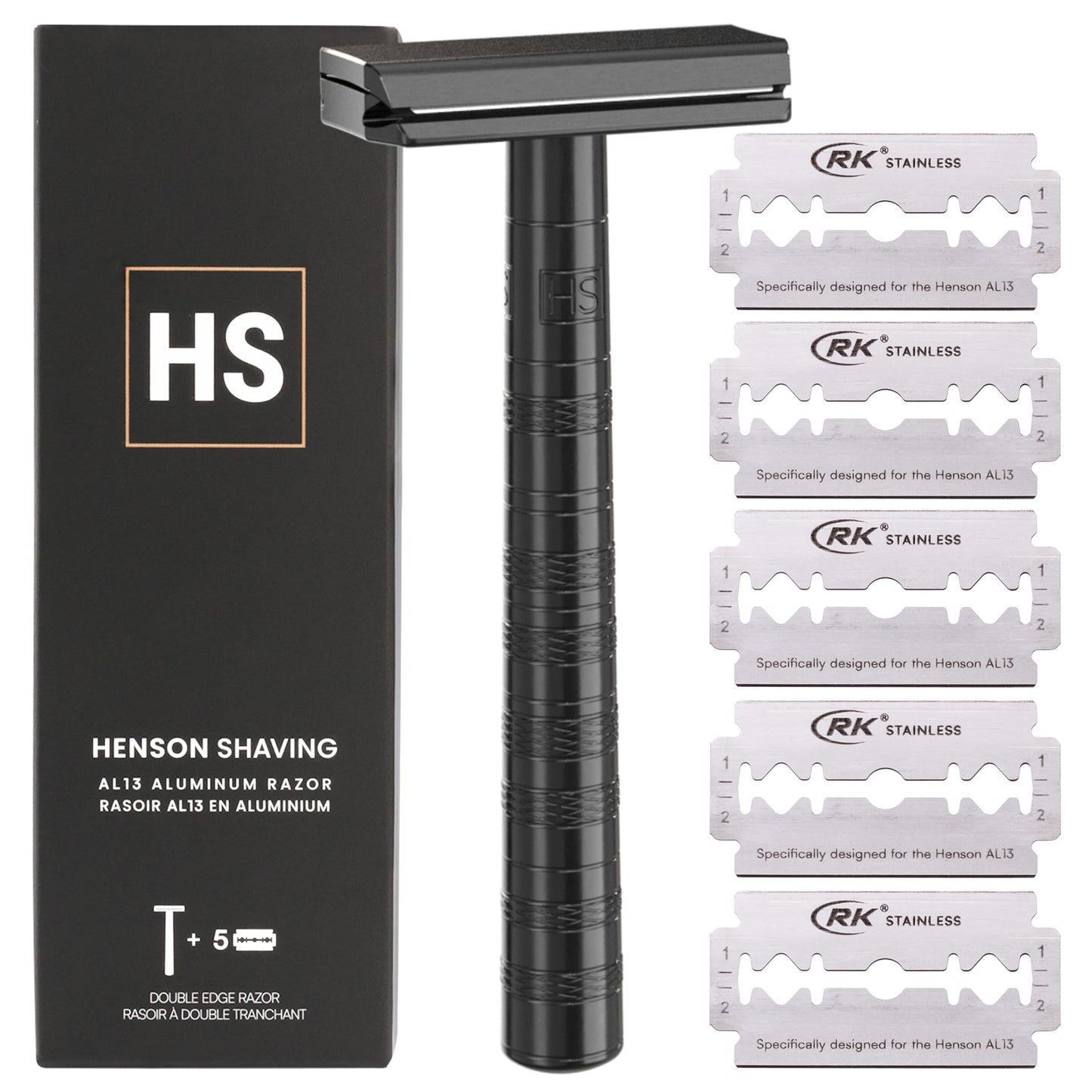Henson Shaving Razor - Jet Black Double Edge Safety Razor with 5 Spare Blades - 30° Angled Precision With Superior Blade Rigidity- Reusable Single Blade Razors For Men and Women - Mild Aggression