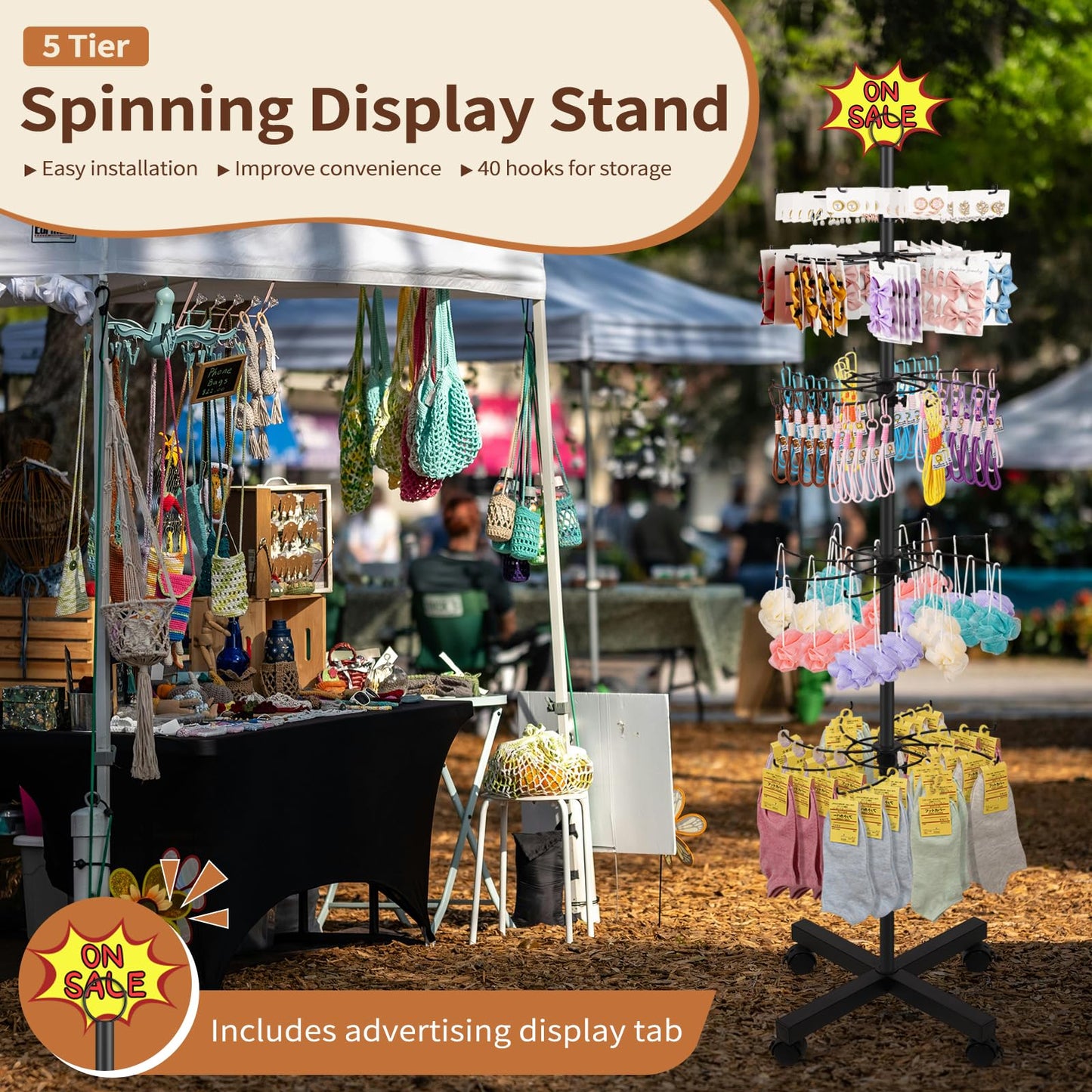 Flenpptly Retail Display Stand, 5-Tier Rotating Display Rack for Store Display, Movable and Adjustable Spinning Display Stand for Earrings, Jewelry, Keychains, Socks Display (Black)