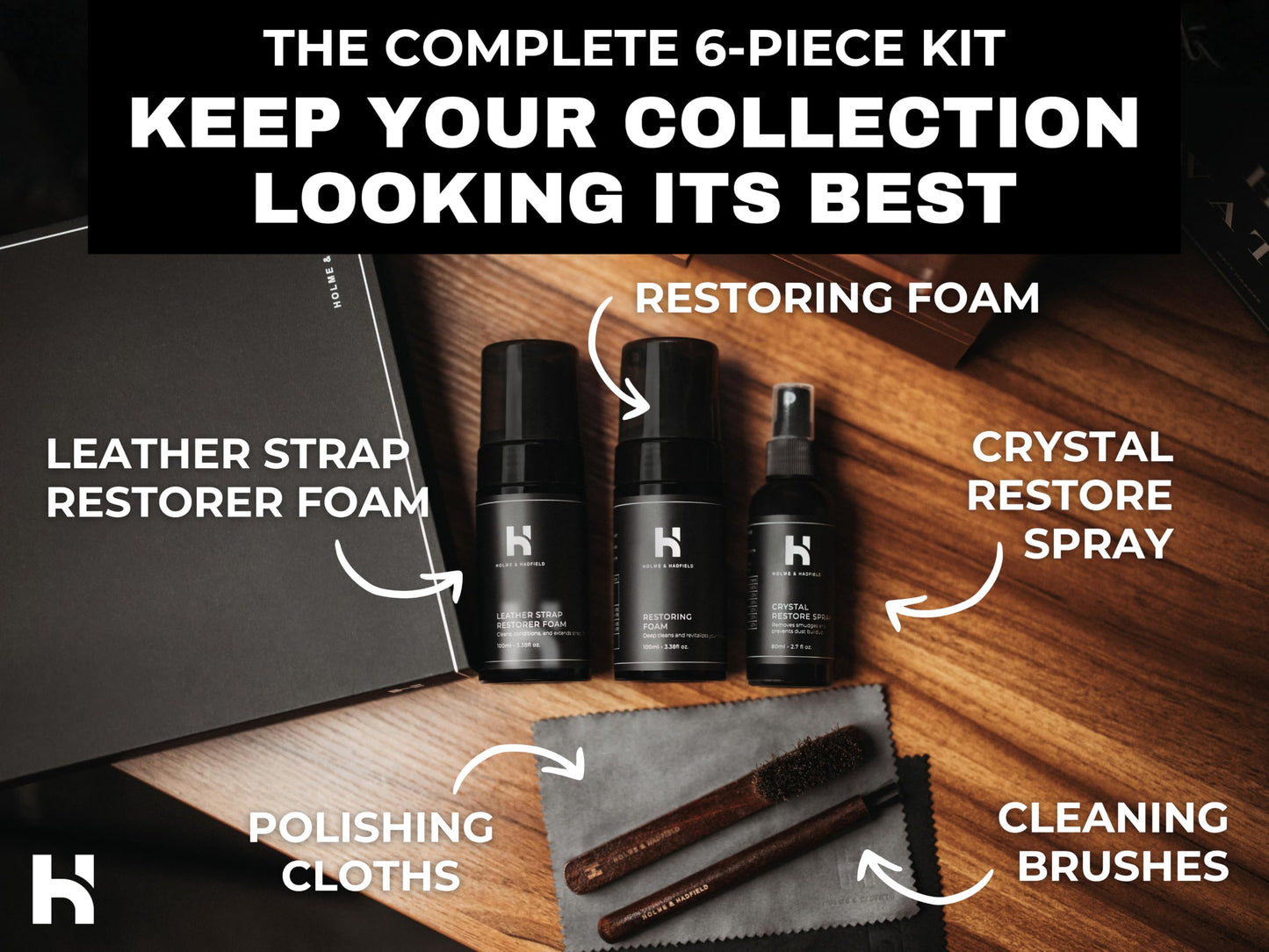 Holme & Hadfield Watch Cleaning Kit – Luxury Crystal & Leather Care Solution | 2 Brushes, Microfiber & Polishing Cloth | Premium Gift Packaging