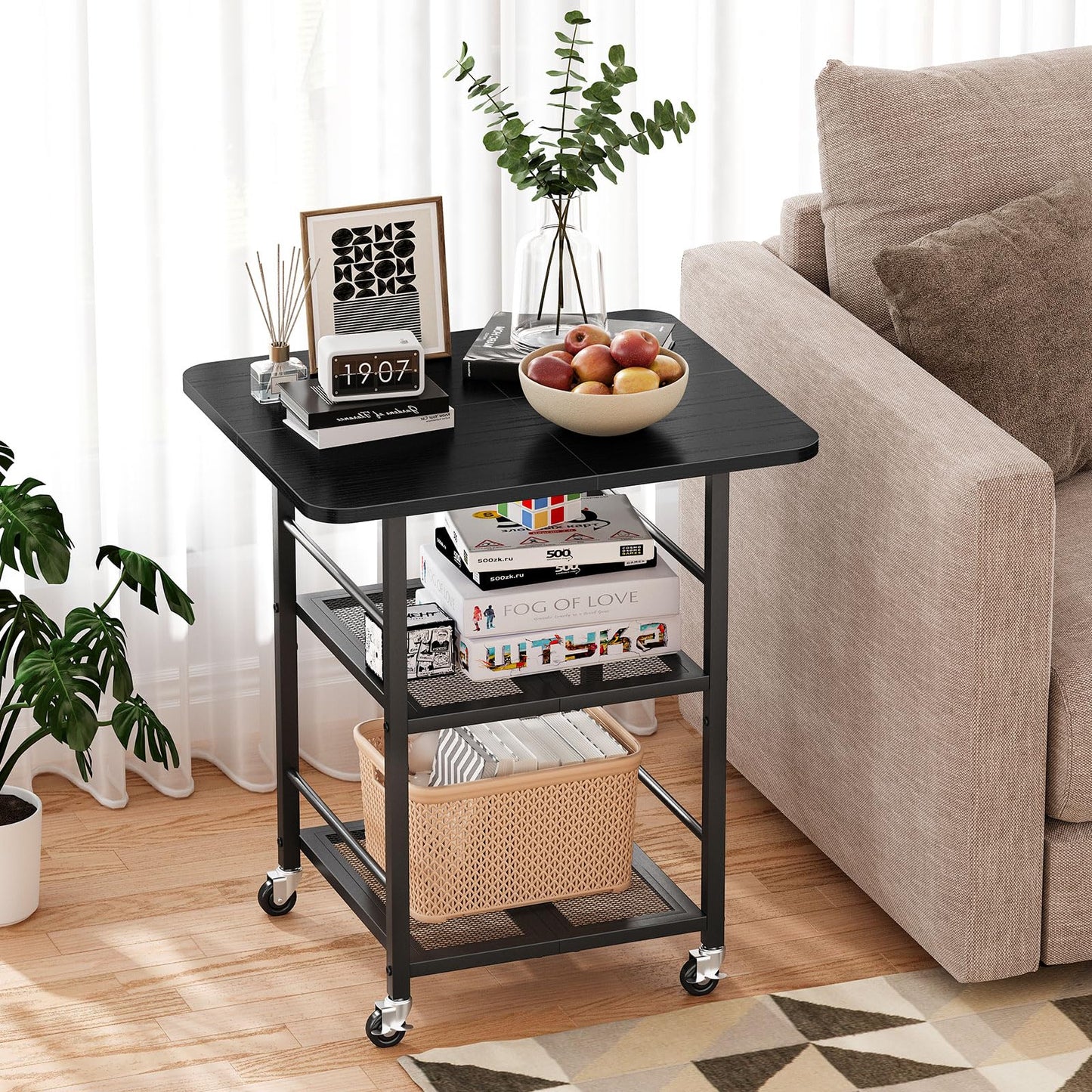 Snughome 3-Tier Printer Stand, 19.7" D×23.6" W×26.5" H Extra Large Printer Table with Storage Shelves, Rolling Cart with Lockable Wheels for Home Office, Black