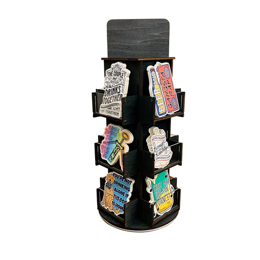 Rotating Display Stand, 3 Tier Wooden Organizer, 4-Sided Display Rack, 360 degree Spinning Multi-Pocket Tabletop Display Stand for Coasters, Stickers, Retail, Showcase, Tradeshow, 17”H, Ebony Color