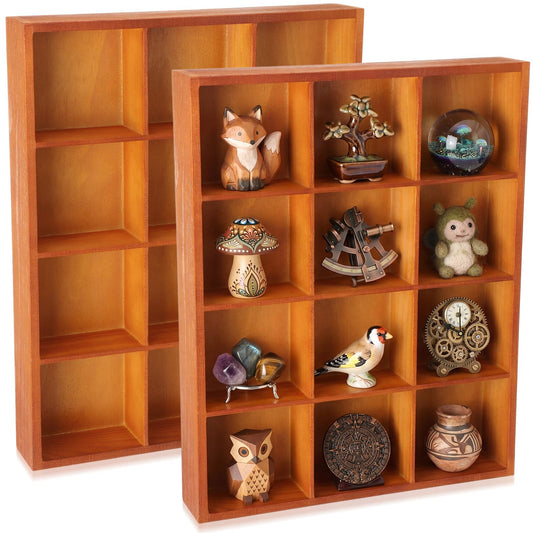 Yookeer 2 Pcs 12-Slot Wood Sorting Tray Grid Display Cabinet 13.4 x 10.6 x 2 Inch Divided Organizer Solid Wooden Storage Desktop Grid Display, Wall Shelf Storage Rustic Decor for Crafts Home Office