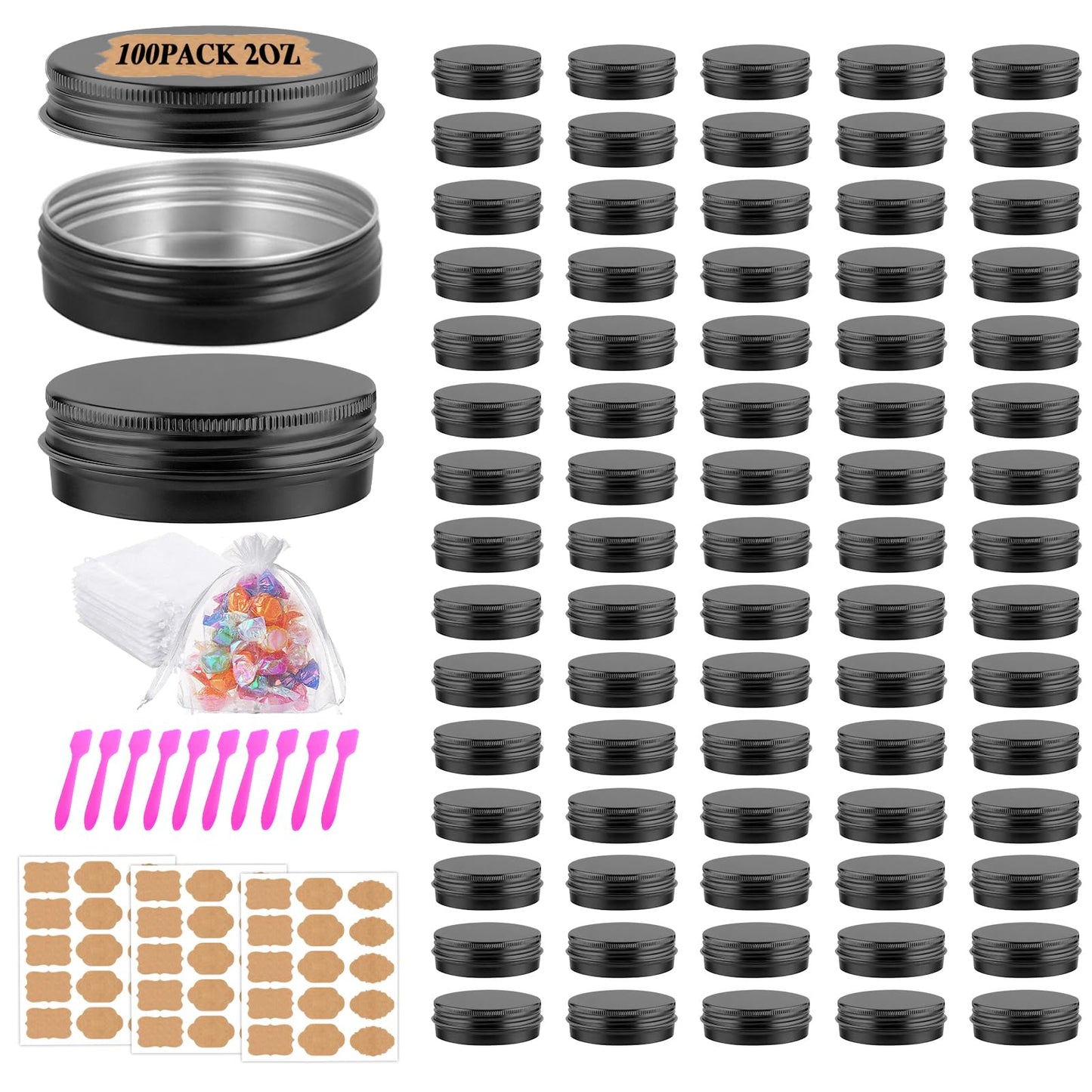 DPLASKA 100pcs 2 Oz Aluminum Metal Tins with Screw Lids Round Empty Salve Tin Cans Jars DIY Candle Containers for Lotion Bars, Balms, Spices, Crafts with Labels, Spatulas & Organza Bags (Black)