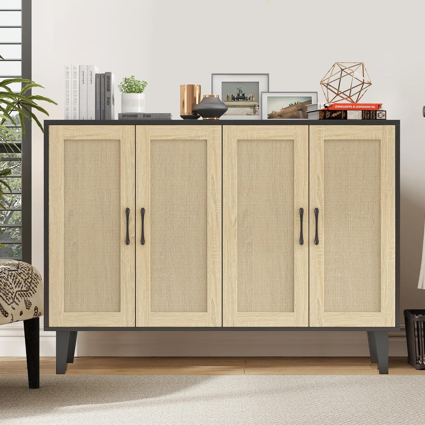 Panana Buffet Storage Cabinet with Rattan Decorating 4 Doors Living Room Kitchen Sideboard 48.43 x 34.65 x 15 inch (Black)