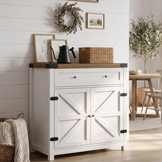 YESHOMY Kitchen Storage Cabinet, Coffee Bar Cabinet, Farmhouse Sideboard Buffet with Storage, Barn Door Accent Cabinet with a Drawer and Adjustable Shelf for Dining Room, Entryway, White&Brown, 1PCS