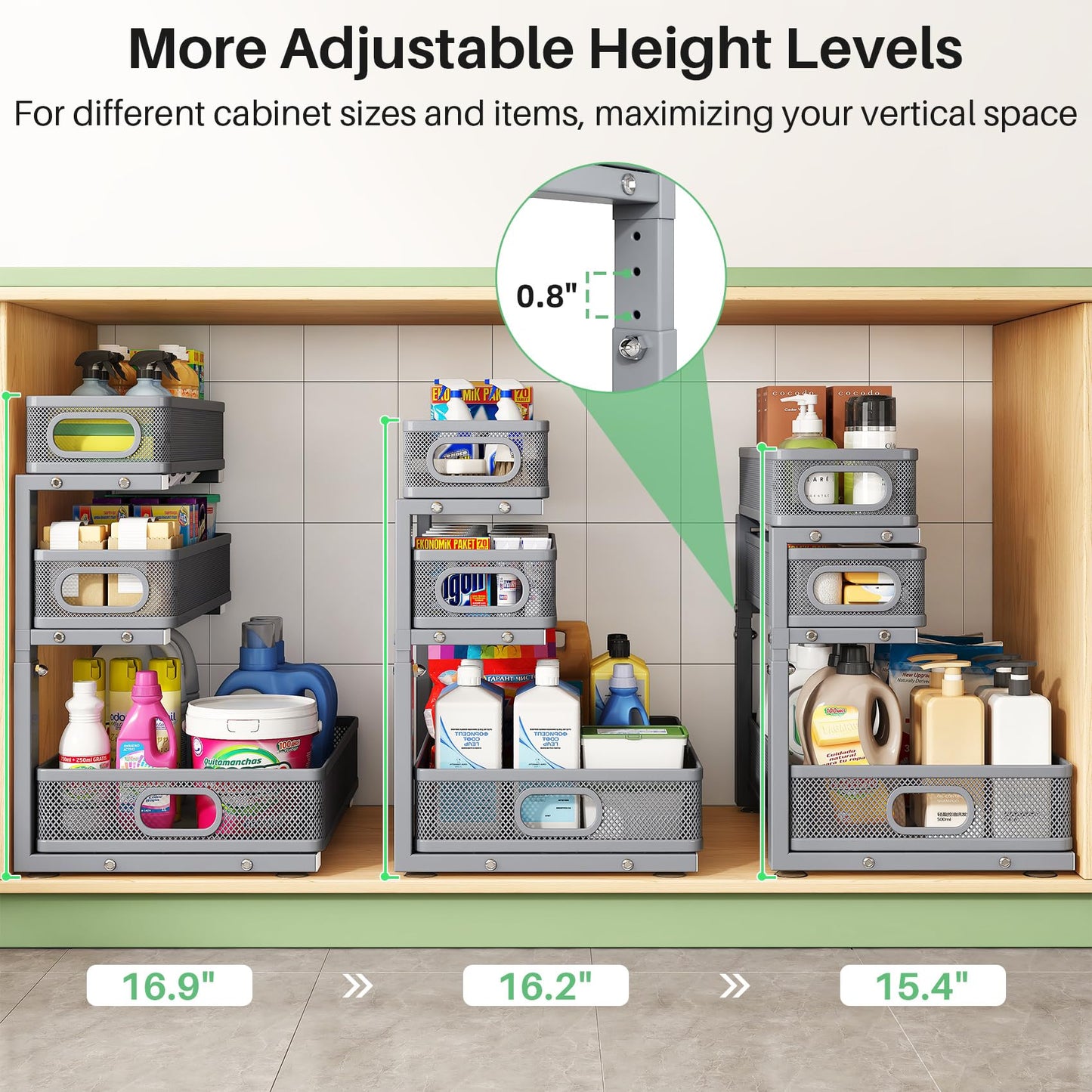 Kitstorack Under Sink Organizer, 2-Pack 3-Tier Height Adjustable Thickened Metal Pull out Cabinet Organizer Shelf, Slide out Storage Drawer Rack for Bathroom Kitchen Pantry Home Organization, Grey