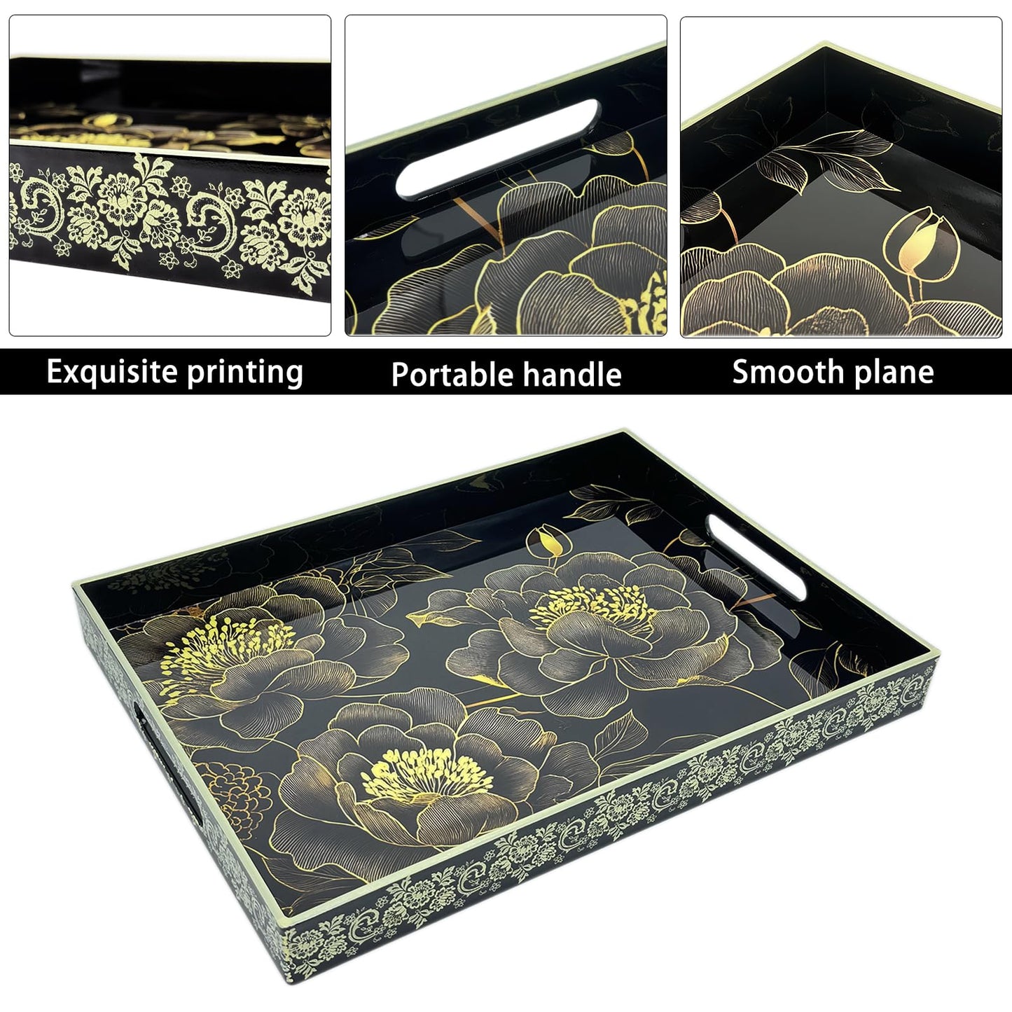 PDUHKO Serving Tray with Handles, 15.7 * 11.8 inches, Plastic Ottoman Tray with Exquisite Paintings, Trays for Coffee Table