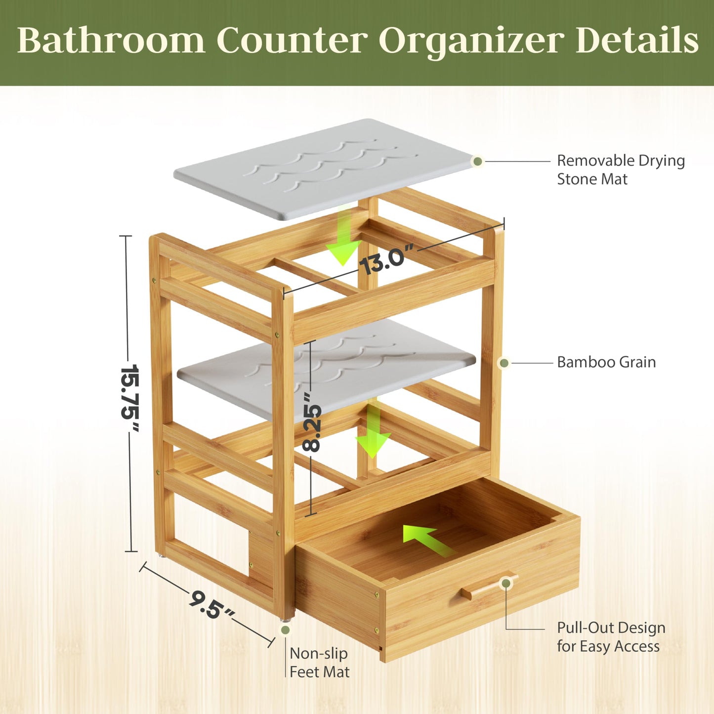 Bamboo Bathroom Organizer Countertop, 2 Tier Vanity Organizers and Storage with Drawer for Skincare & Makeup, Counter Shelf with Stone Drying Mat for Coffee Bar, Kitchen, Matcha Station