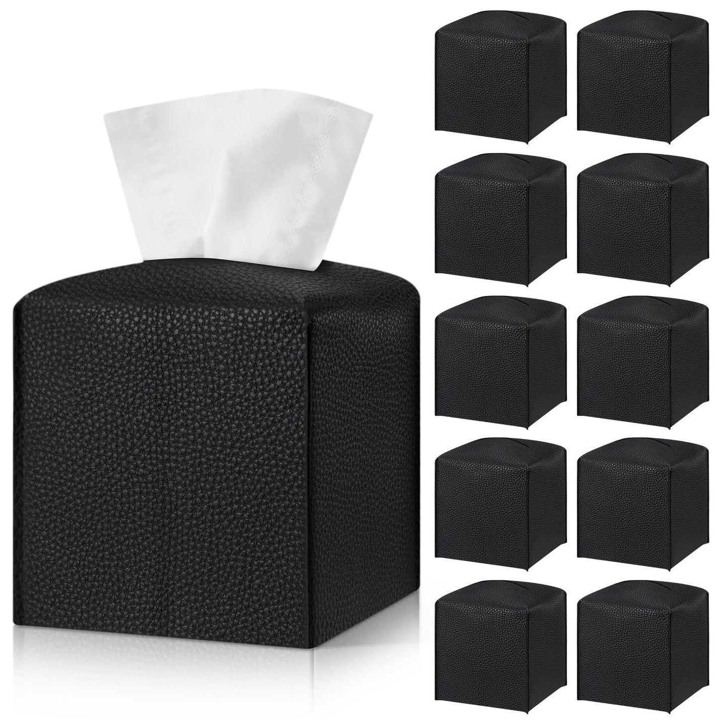 Honeydak 10 Pcs Tissue Box Cover Square Modern PU Leather Tissue Box Holder Decorative Organizer Container for Bathroom Vanity Countertop, Night Stands, Office Desk Car Supply 5.3"x5.3"x5.3"(Black)