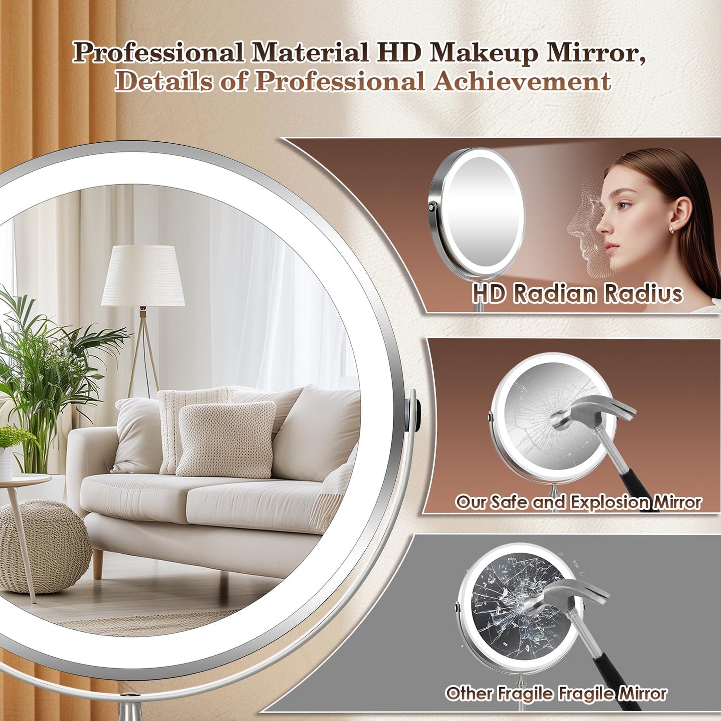 VESAUR 15X Magnifying Mirror with Light, 9.5 Large 5000mAh Rechargeable Double Sided HD Lighted Makeup Mirror with 3 Touch Dimmable Light, 360° Swivel Detachable for Travel Vanity Mirror Nickel, Gifts