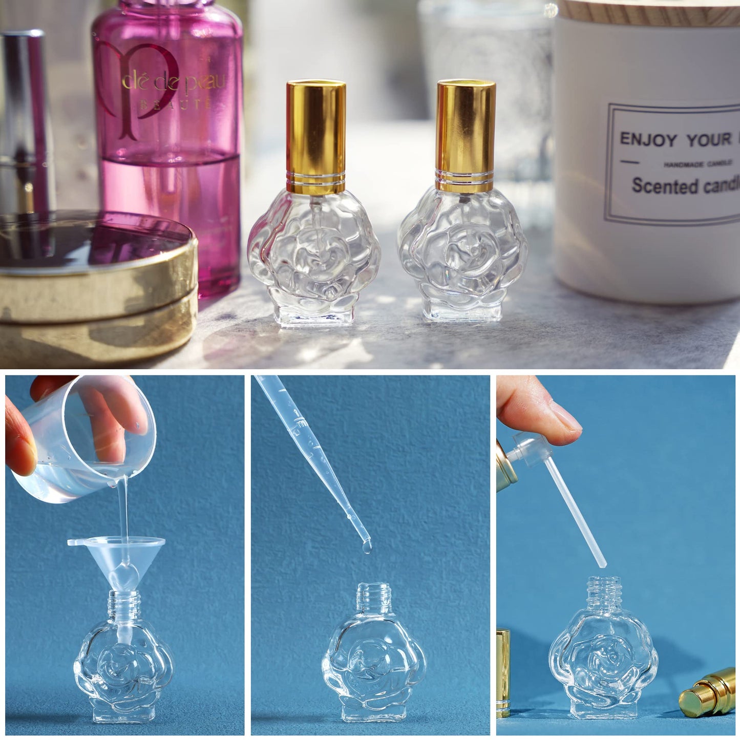 YU FENG 12pcs 10ml Glass Perfume Bottles Empty Atomizer Refillable Glass Spray Bottle With Funnels Pipettes Dispensers Portable Fragrance Bottle for Travel