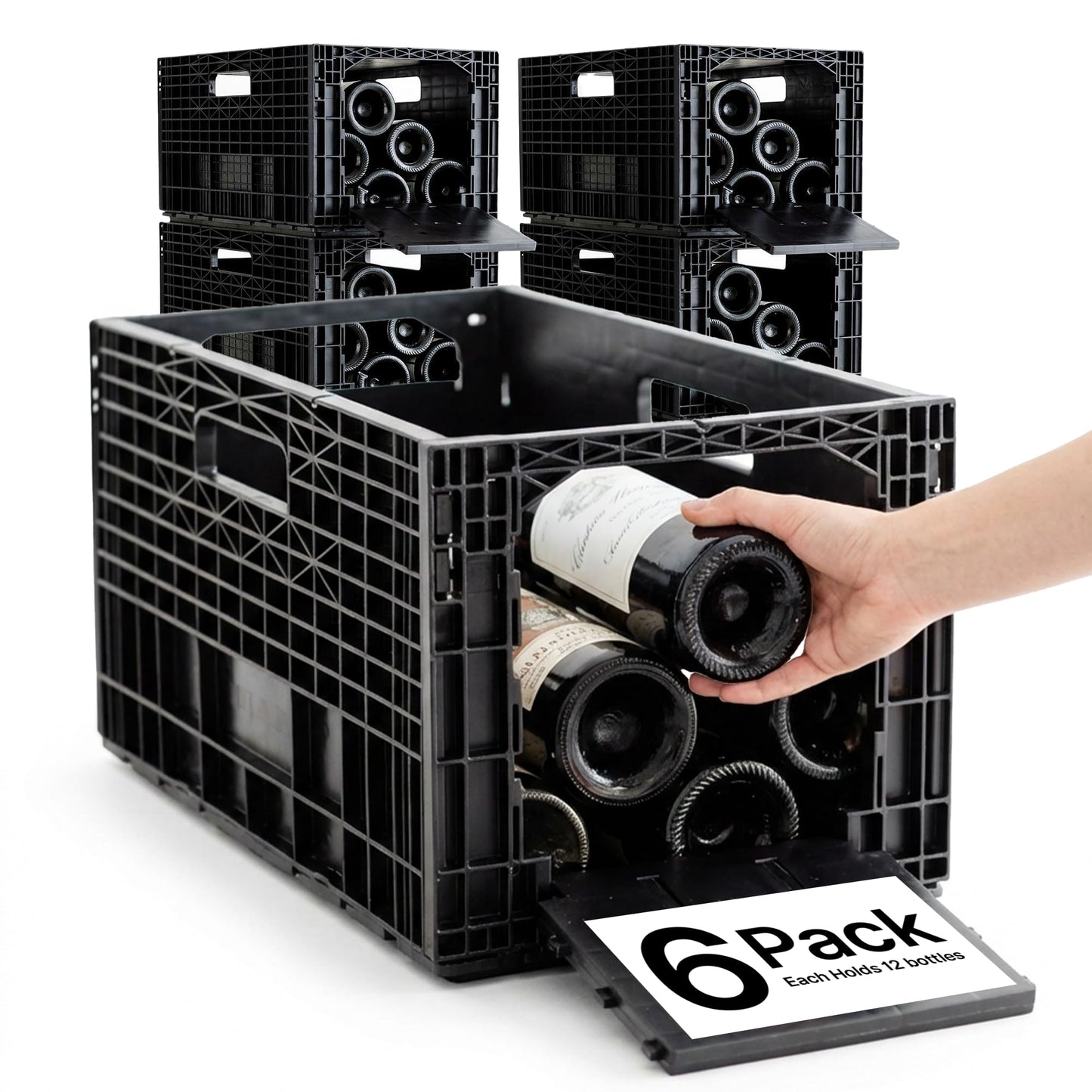 Stackable Wine Storage Crates Modular System, 12 Bottle Capacity per Crate, Dual Access Horizontal Wine Rack Organizer | Recycled Plastic for Cabinet, Cellar & Home Bar, Set of 6