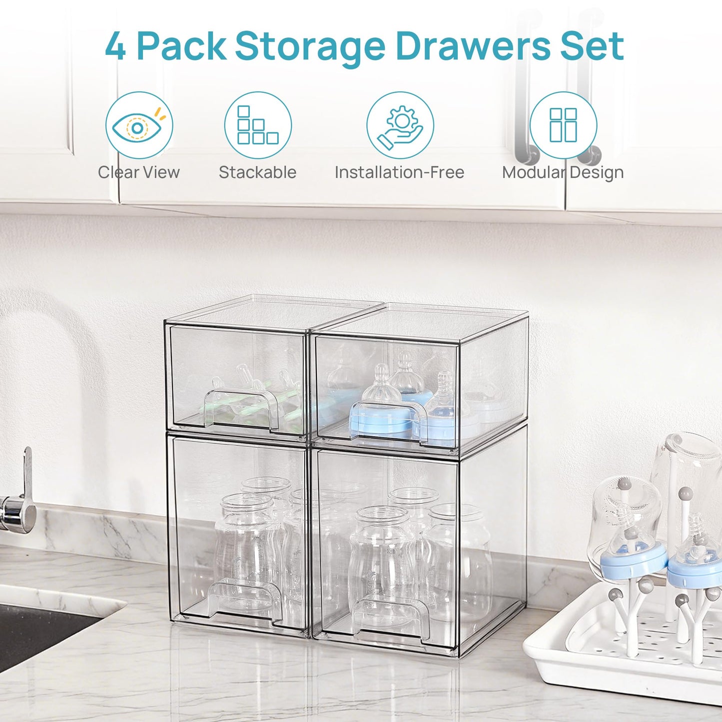 Vtopmart 4 Pack Baby Bottle Organizer Set, Stackable Storage Drawers Ideal for Kichen Countertop, Vanity, Bathroom, Cabinet, Pantry Organization