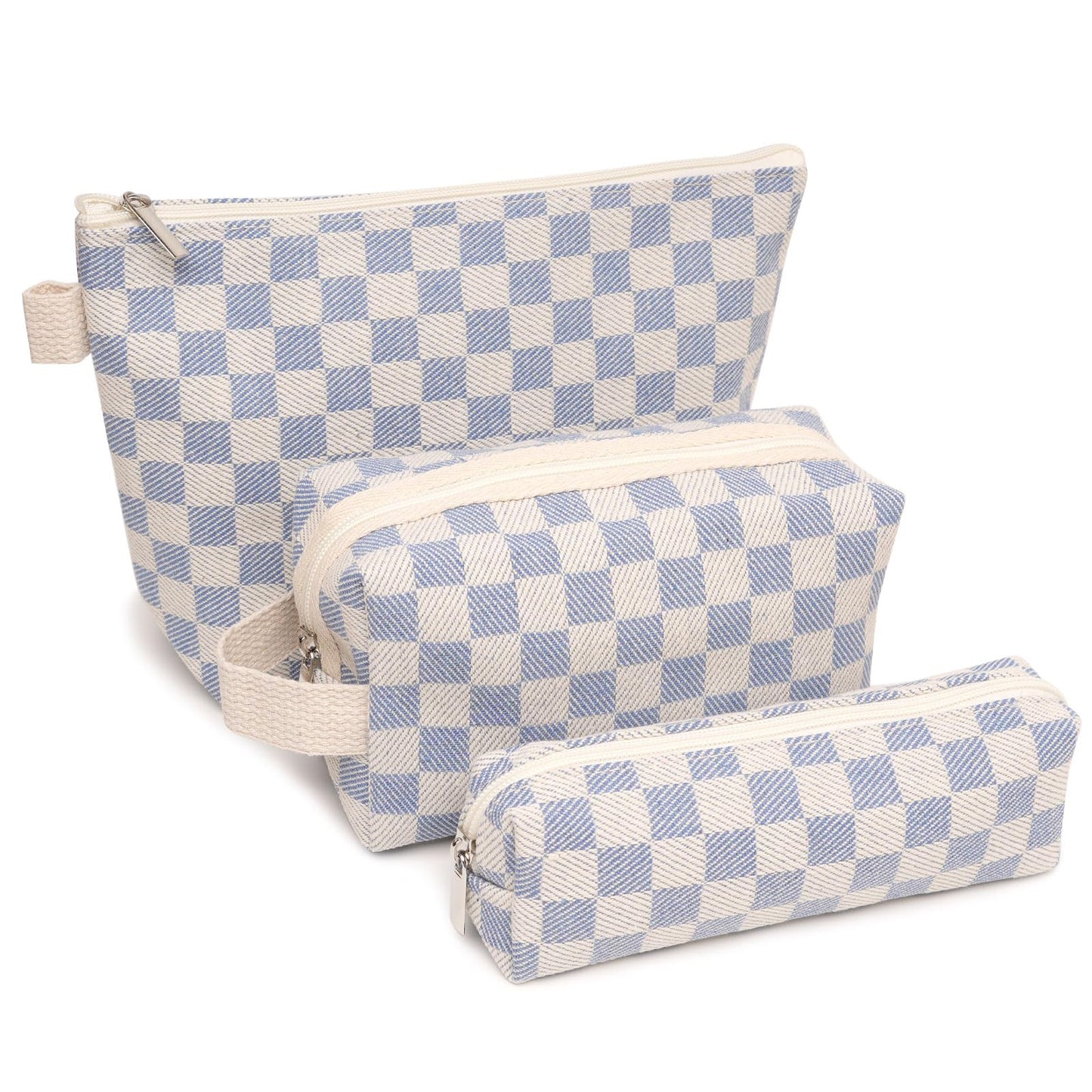 Beayuva 3 Pcs Canvas Makeup Bag Set Checkered Cosmetic Pouch for Women Travel Toiletry Bag Cute Makeup Organizer Purse Pouch Preppy Pencil Case with Zipper (Checkered Blue)