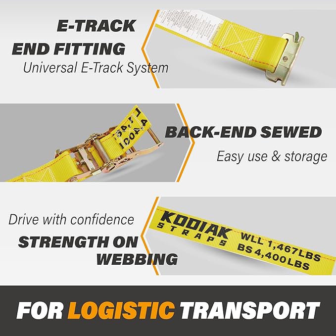 2 Pack E-Track Ratchet Straps 2" x 20' x 4,400 lbs Strength for Cargo Tie Down in Enclosed Trailer & Van by KODIAK STRAPS
