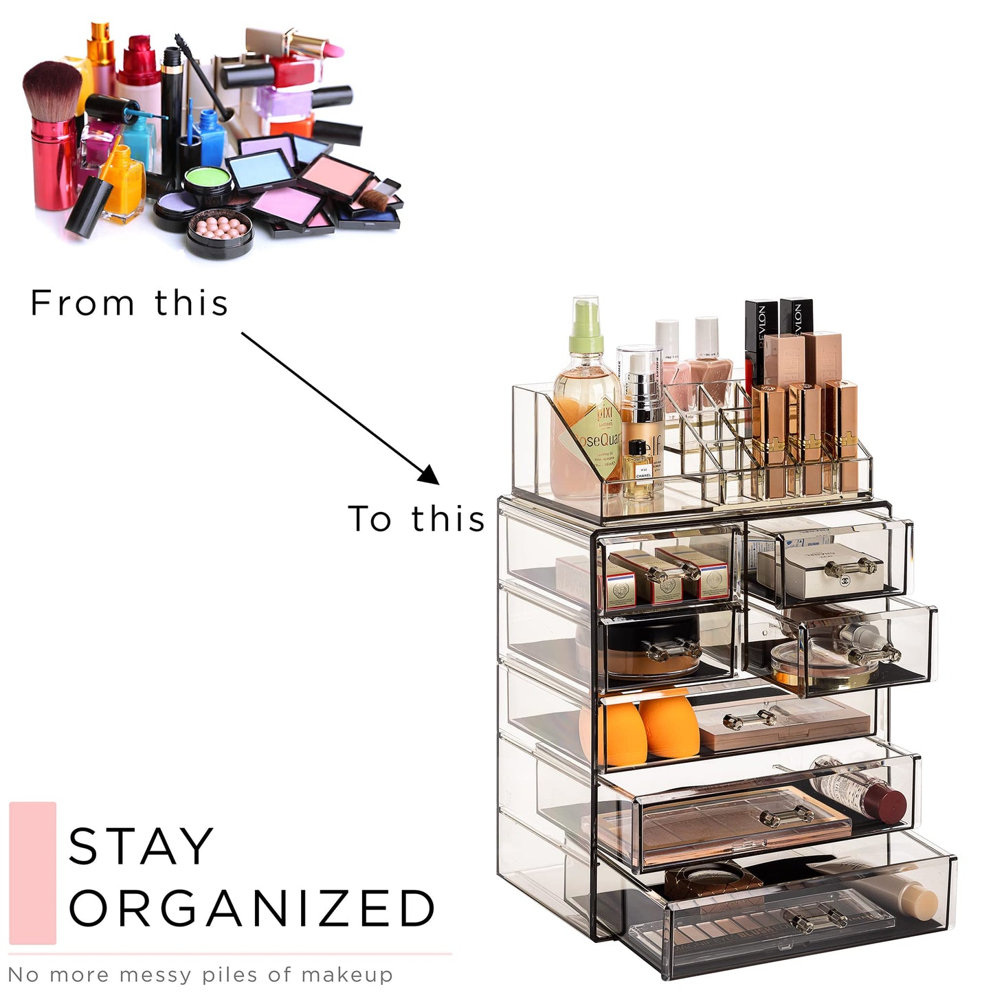 Sorbus Acrylic Makeup Organizer Set, 7-Drawer Vanity & Countertop Cosmetic Storage with Small & Wide Compartments, Black-Tint Makeup Storage for Brushes, Jewelry – Holiday Gift for Women & Teens