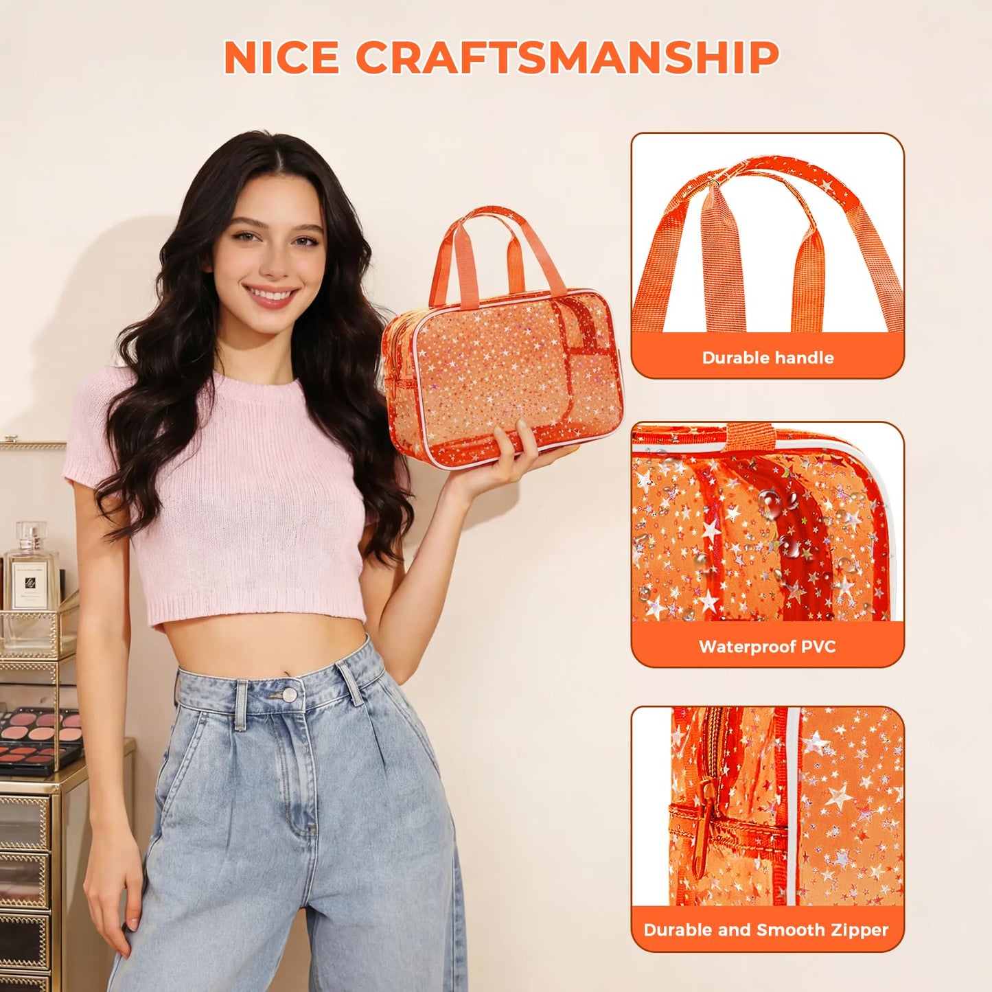 Junesters Clear Orange Star Large Makeup Bag with Star Pattern 12x5x8 inch, Travel Cosmetic Bag with Handle, Durable PVC Material Washbag Zipper Opening Design for Makeup Travel Organizer or Gym Use